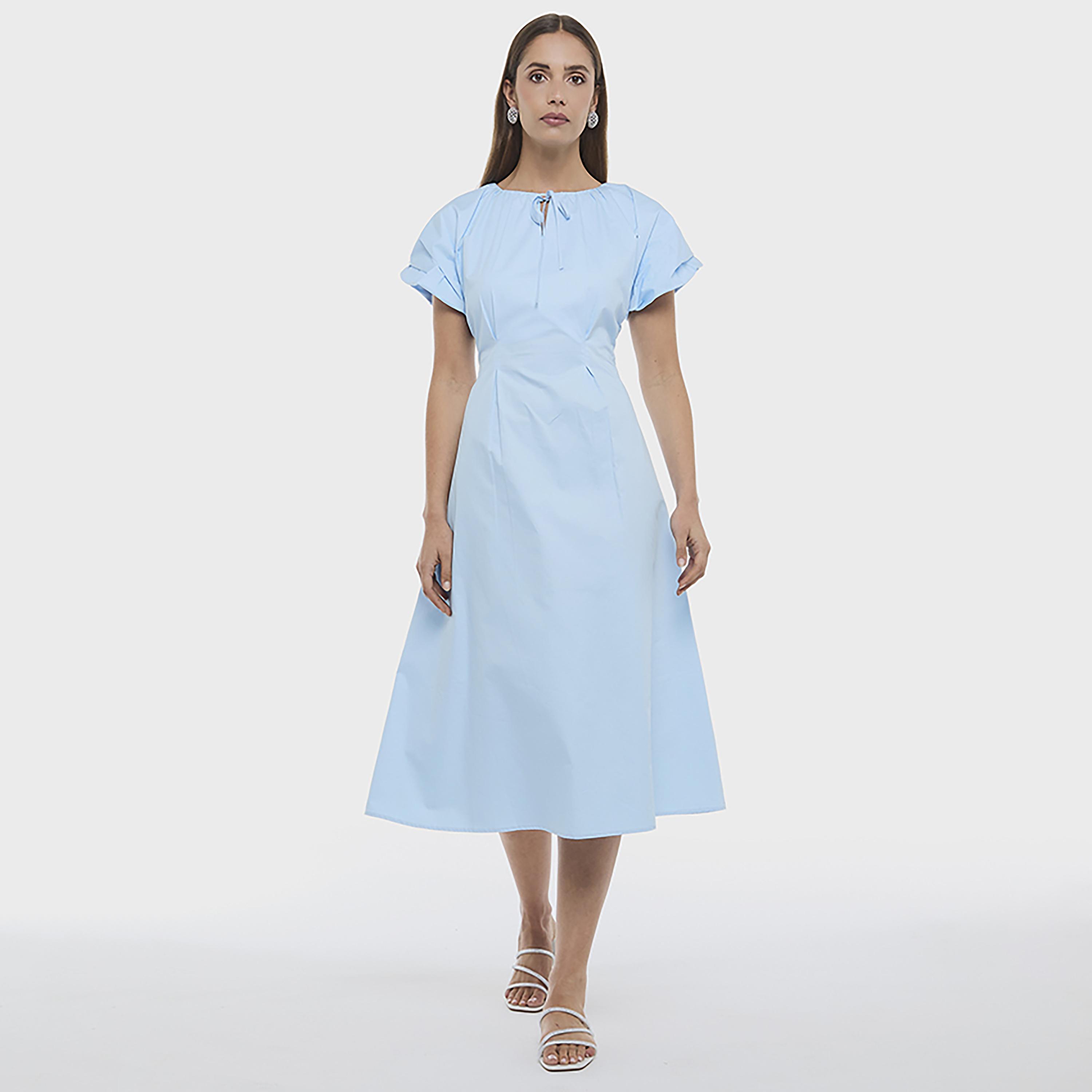 BCBG Sky Blue Poplin Tie Neck Flutter Sleeves Women's Midi Dress-women-clothing-dresses-image-1