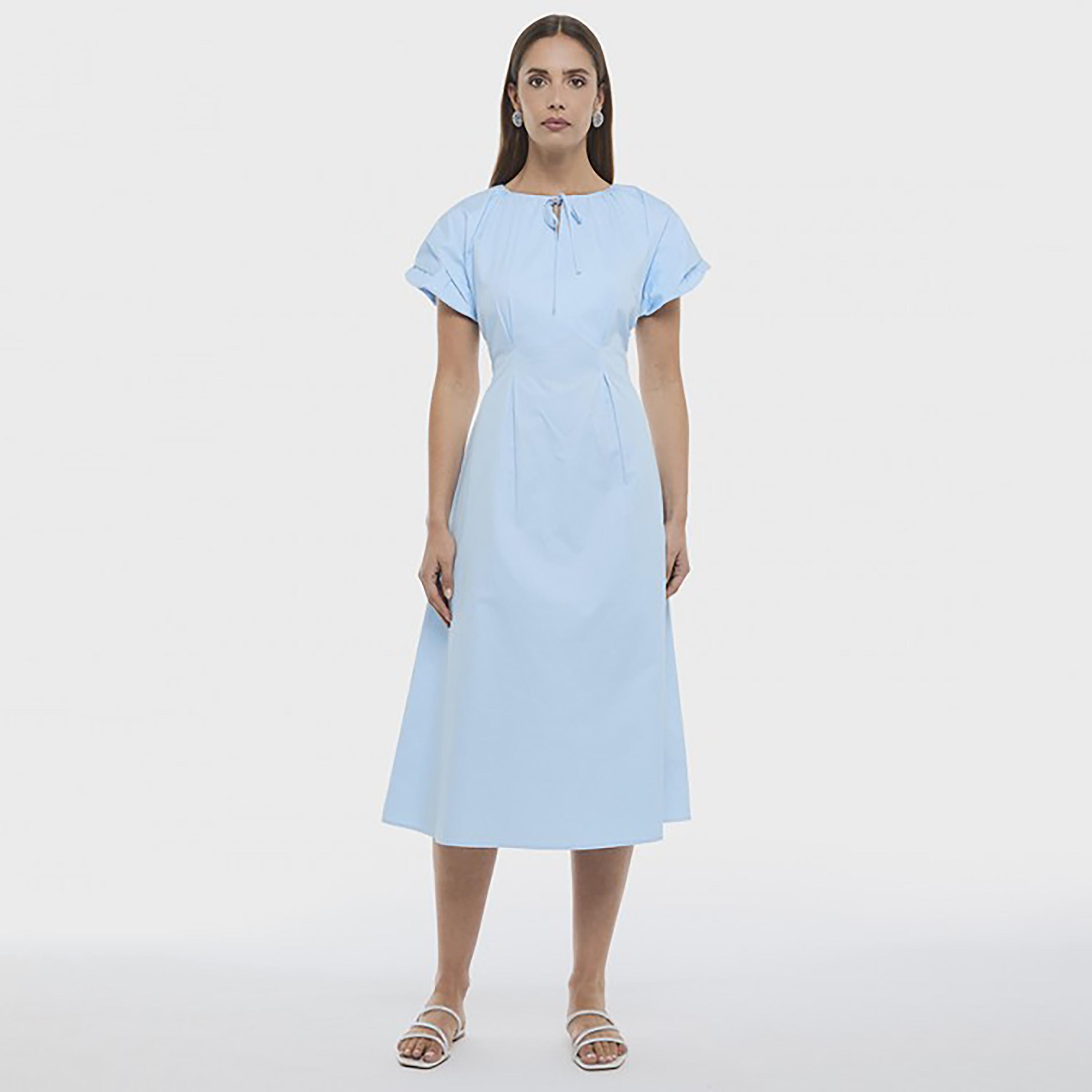 BCBG Sky Blue Poplin Tie Neck Flutter Sleeves Women's Midi Dress-women-clothing-dresses-image-2