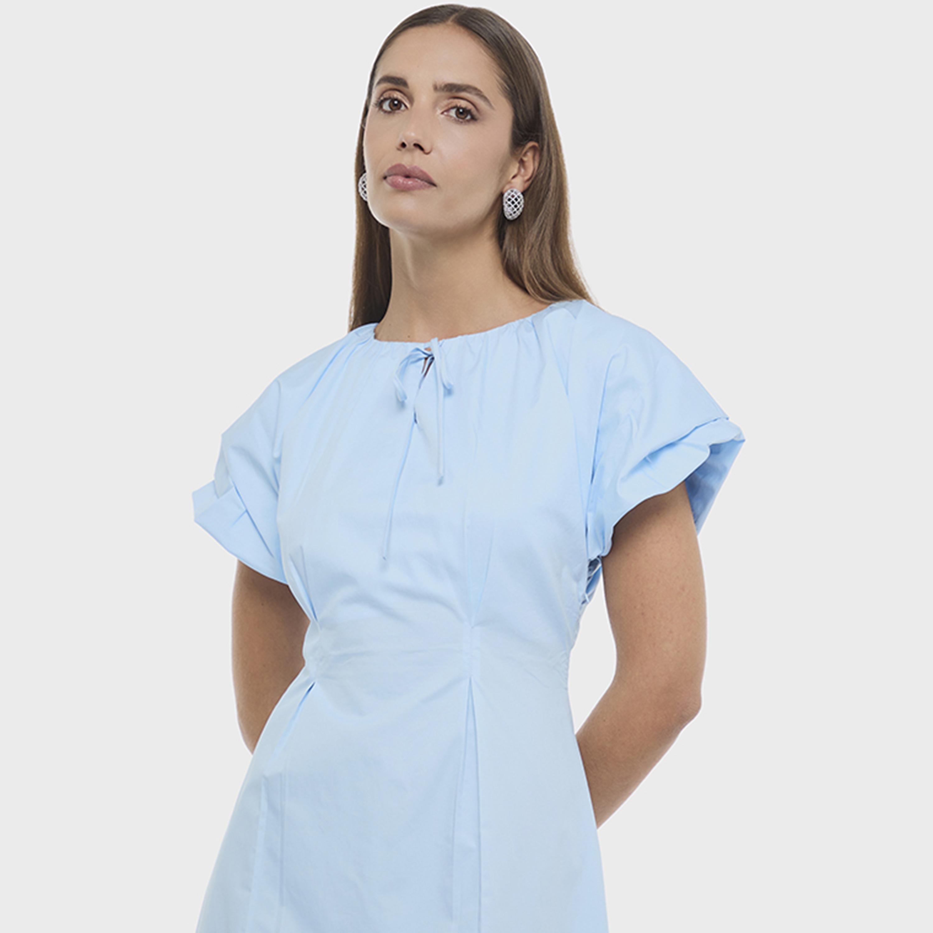 BCBG Sky Blue Poplin Tie Neck Flutter Sleeves Women's Midi Dress-women-clothing-dresses-image-4