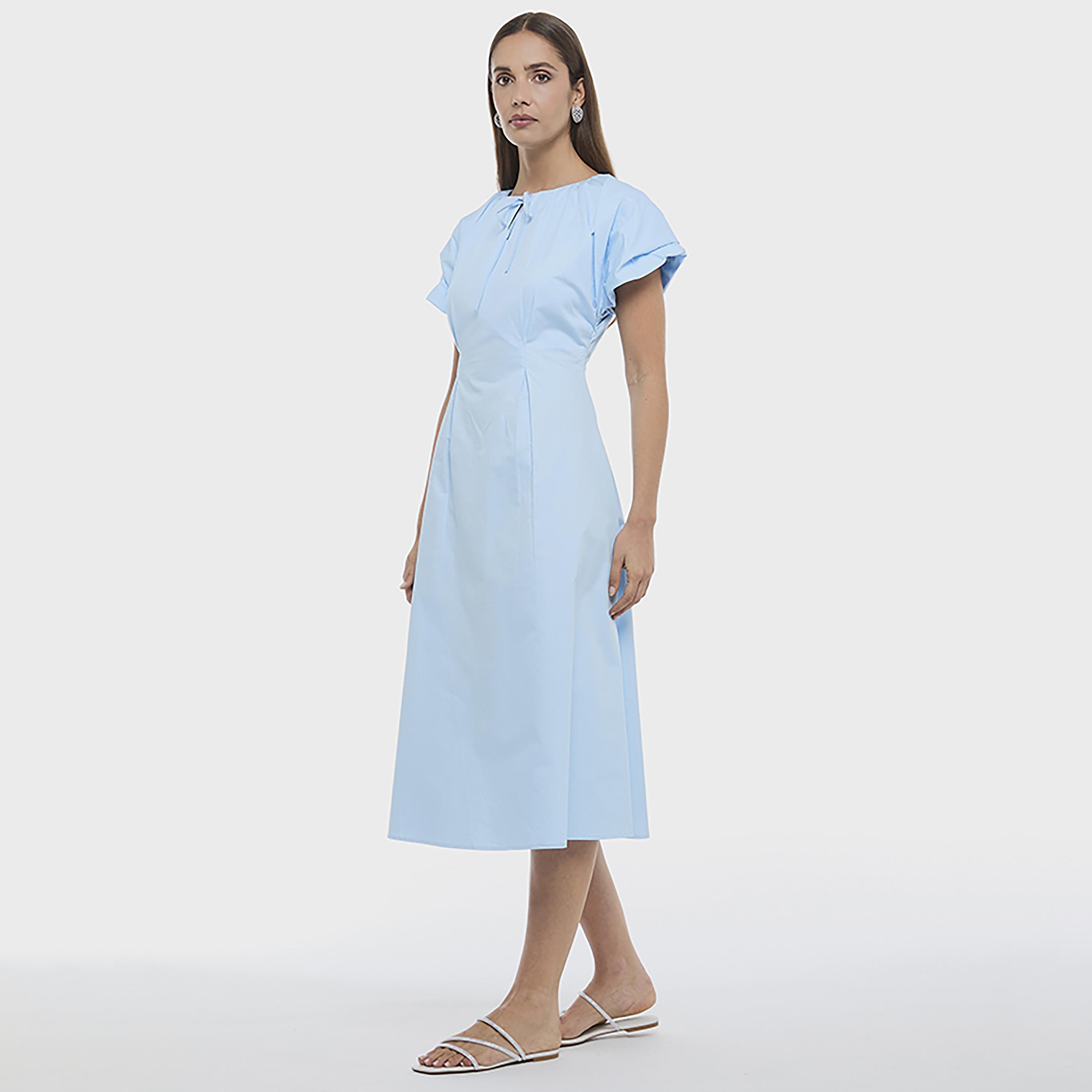 BCBG Sky Blue Poplin Tie Neck Flutter Sleeves Women's Midi Dress-women-clothing-dresses-image-5