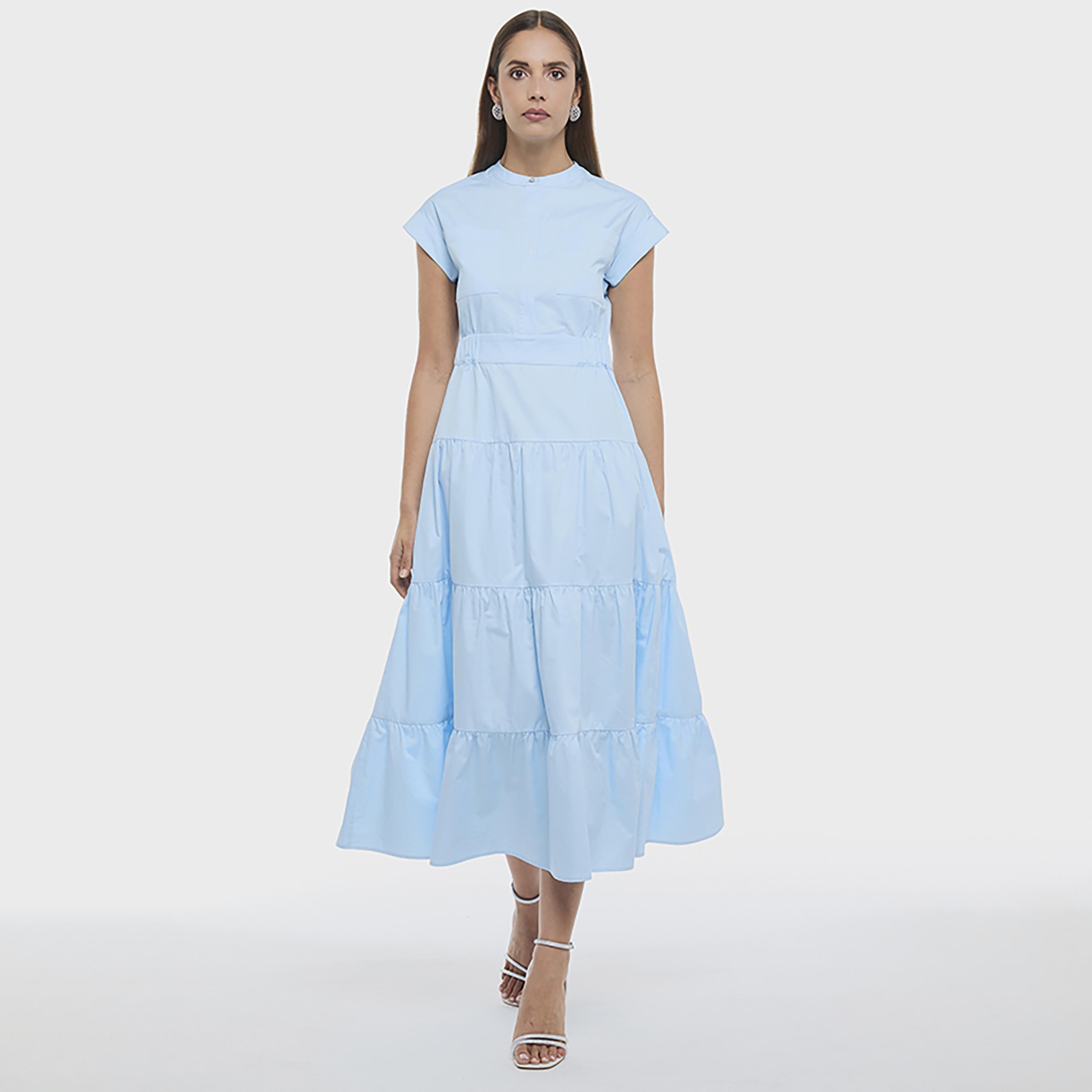 فستان ميدي بوبلين بتصميم "تيرد" متعدد الطبقات بلون سماوي من بي سي بي جي-women-clothing-dresses-image-1