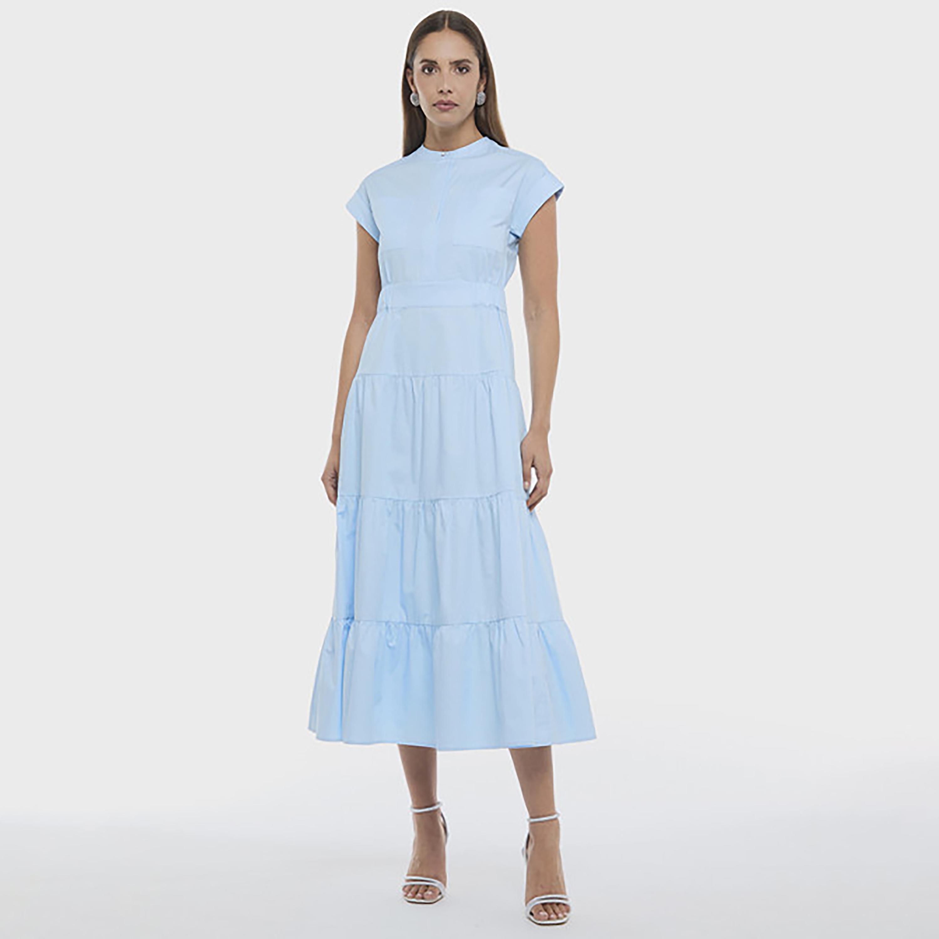 فستان ميدي بوبلين بتصميم "تيرد" متعدد الطبقات بلون سماوي من بي سي بي جي-women-clothing-dresses-image-2