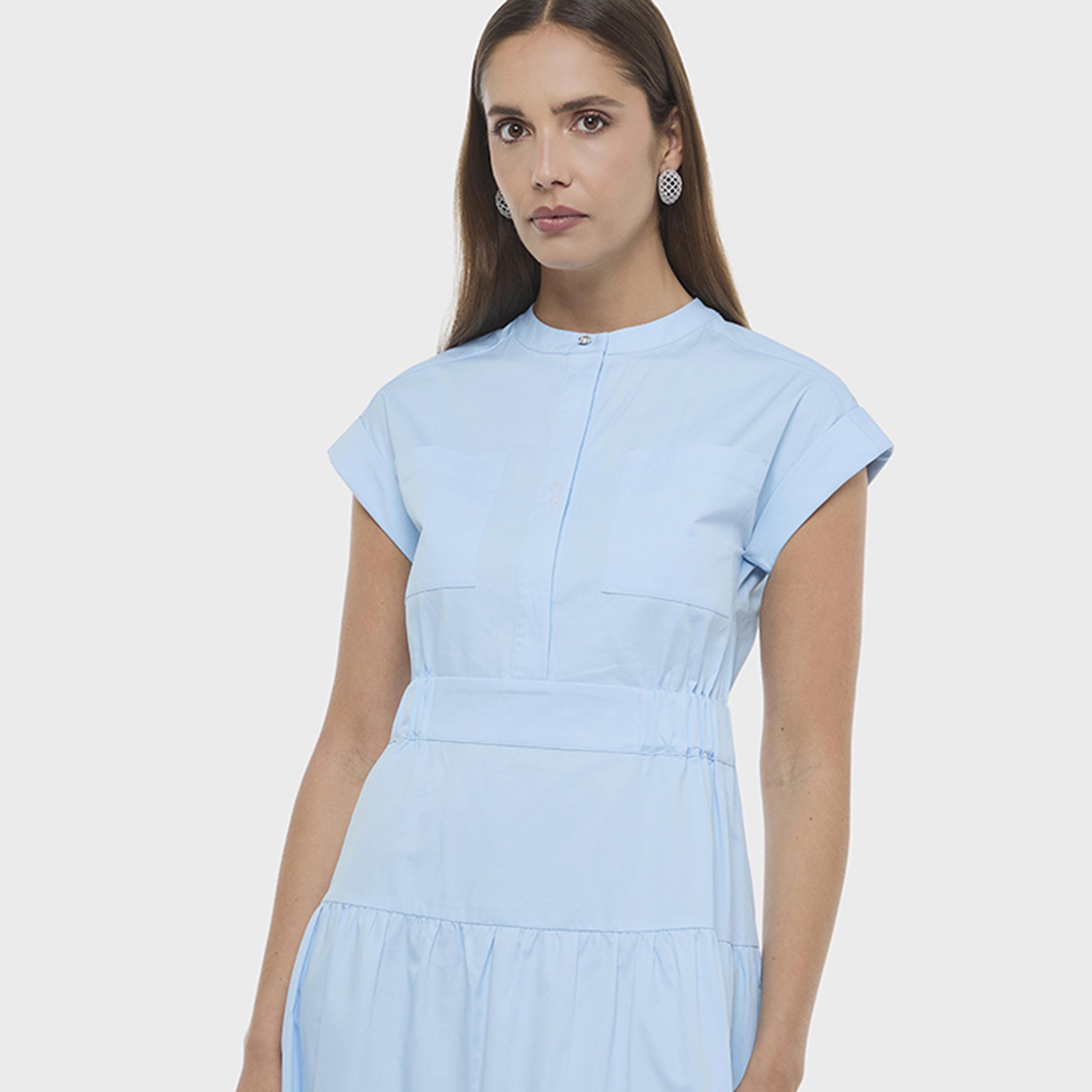 فستان ميدي بوبلين بتصميم "تيرد" متعدد الطبقات بلون سماوي من بي سي بي جي-women-clothing-dresses-image-4