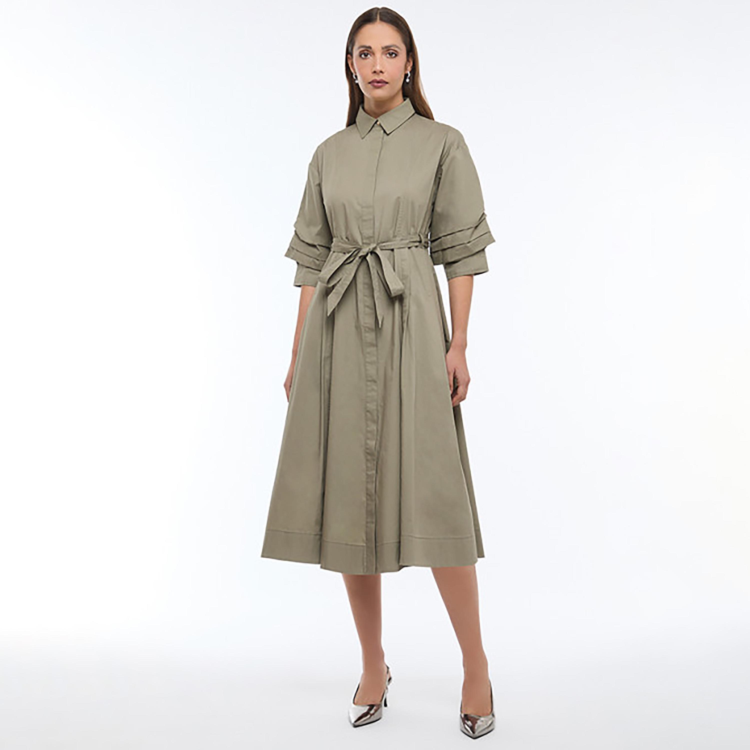 فستان قميص ميدي نسائي مع حزام وأكمام "بلاتيد" بكسرات من بي سي بي جي-women-clothing-dresses-image-2
