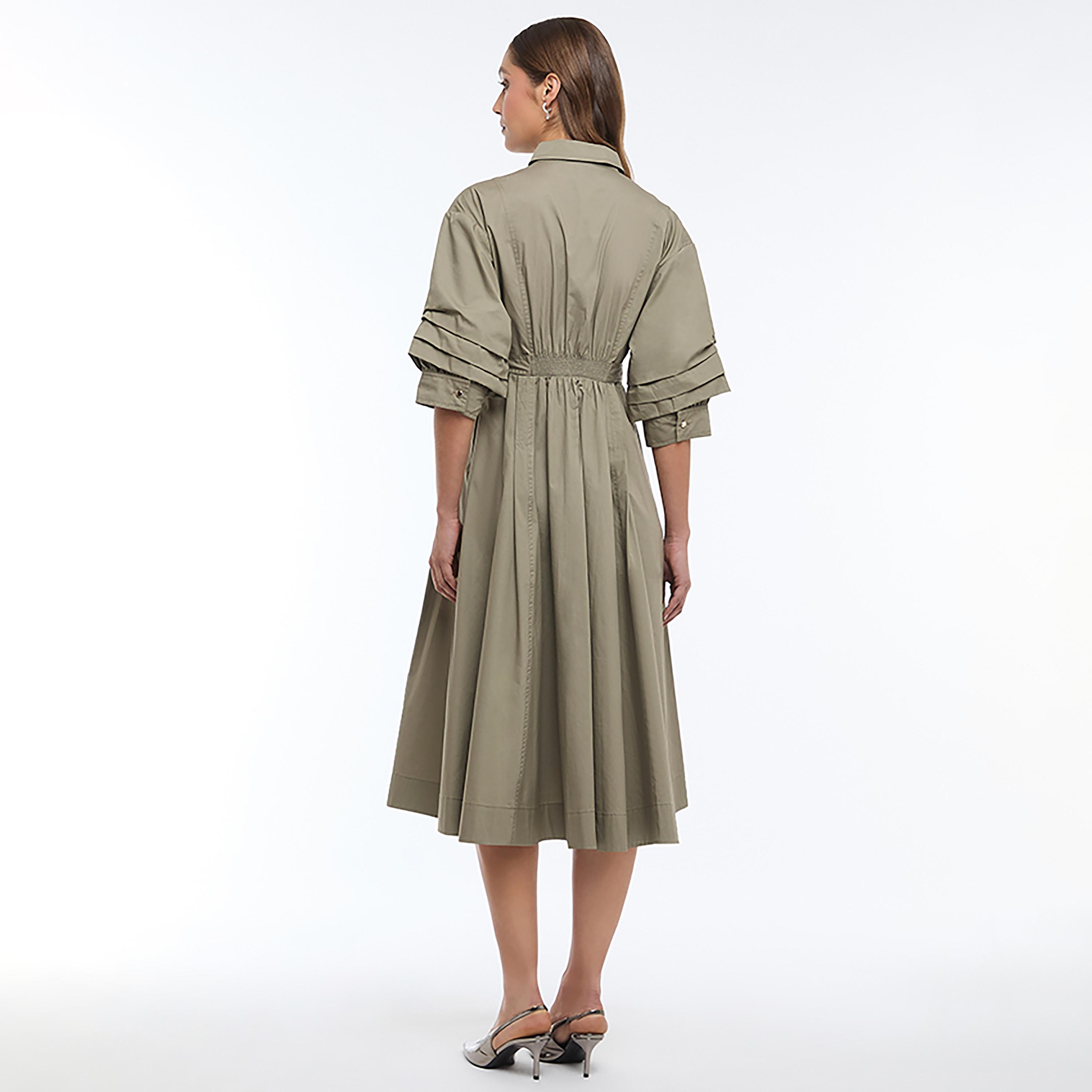 فستان قميص ميدي نسائي مع حزام وأكمام "بلاتيد" بكسرات من بي سي بي جي-women-clothing-dresses-image-3