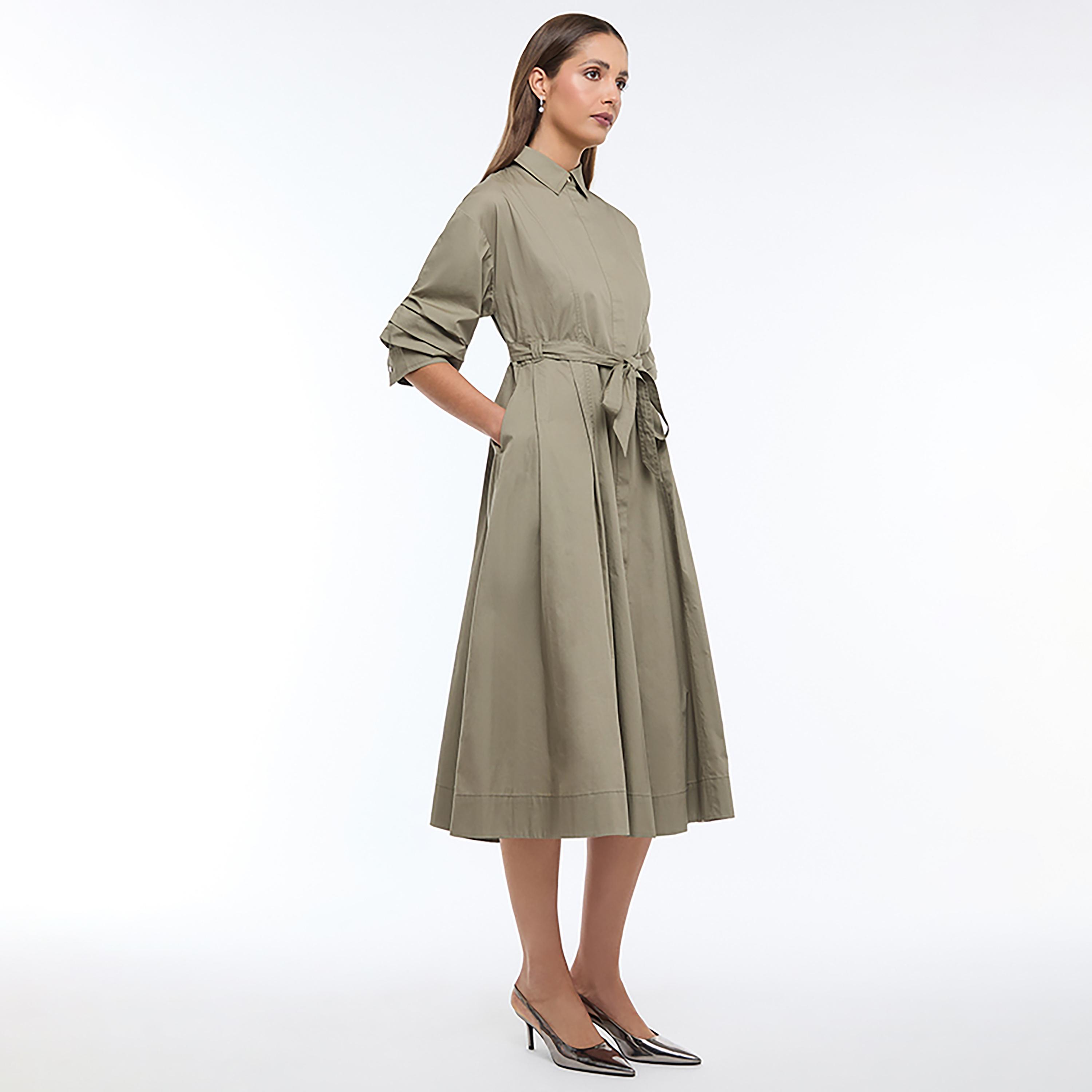 فستان قميص ميدي نسائي مع حزام وأكمام "بلاتيد" بكسرات من بي سي بي جي-women-clothing-dresses-image-5