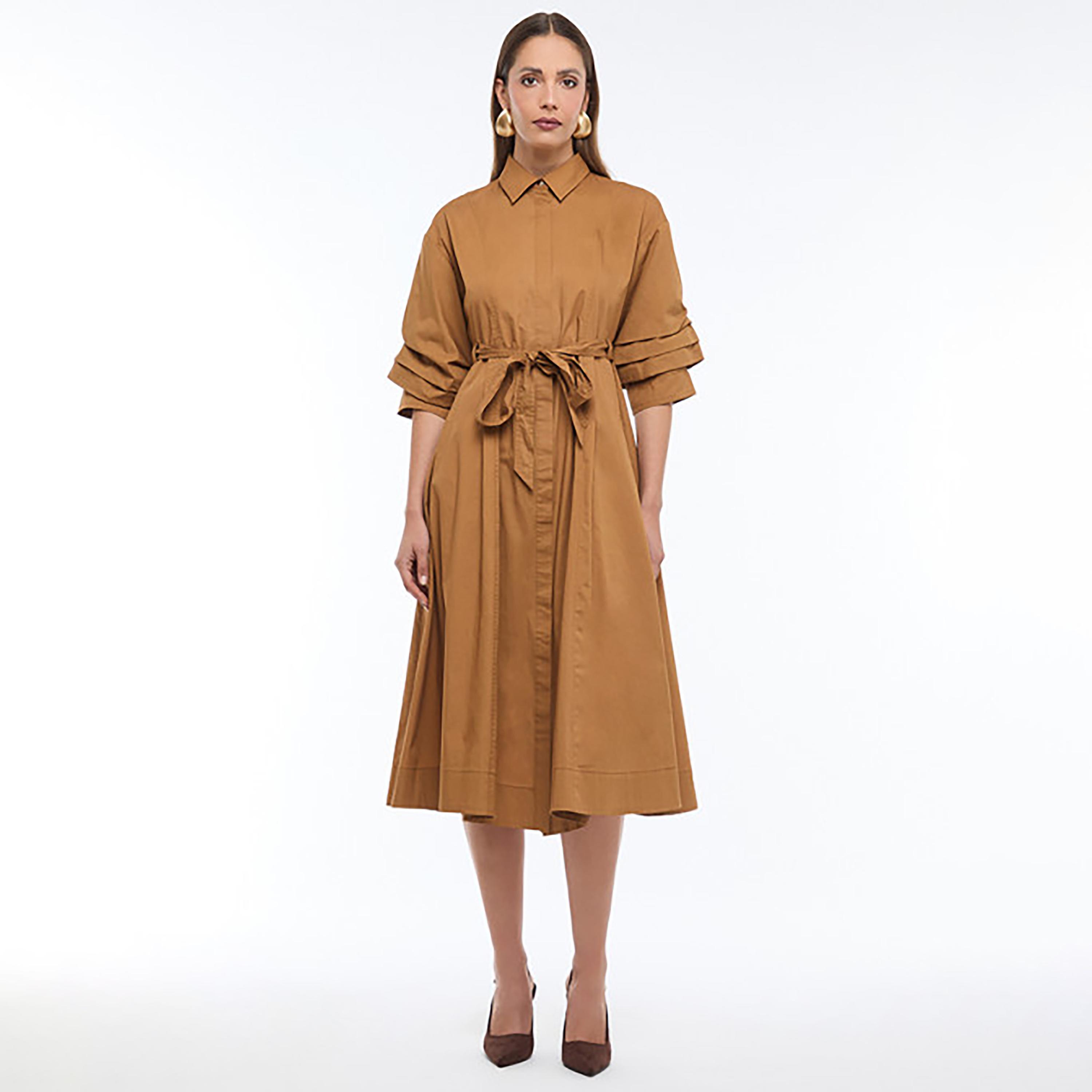 BCBG Pleated Sleeves Belted Women's Midi Shirt Dress-women-clothing-dresses-image-1
