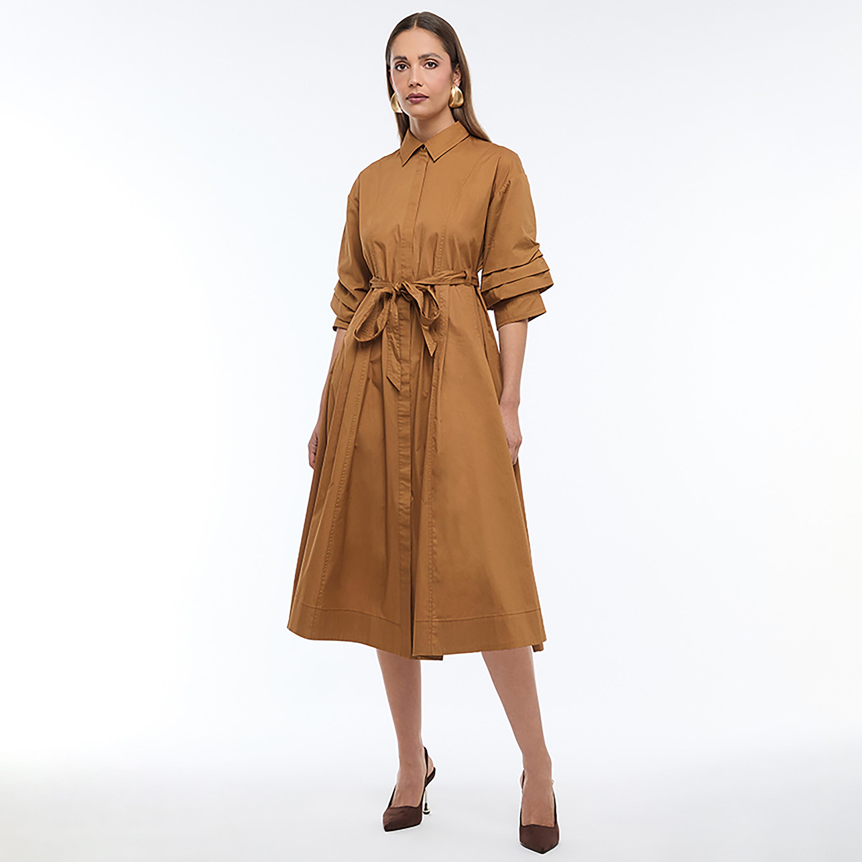 BCBG Pleated Sleeves Belted Women's Midi Shirt Dress-women-clothing-dresses-image-2
