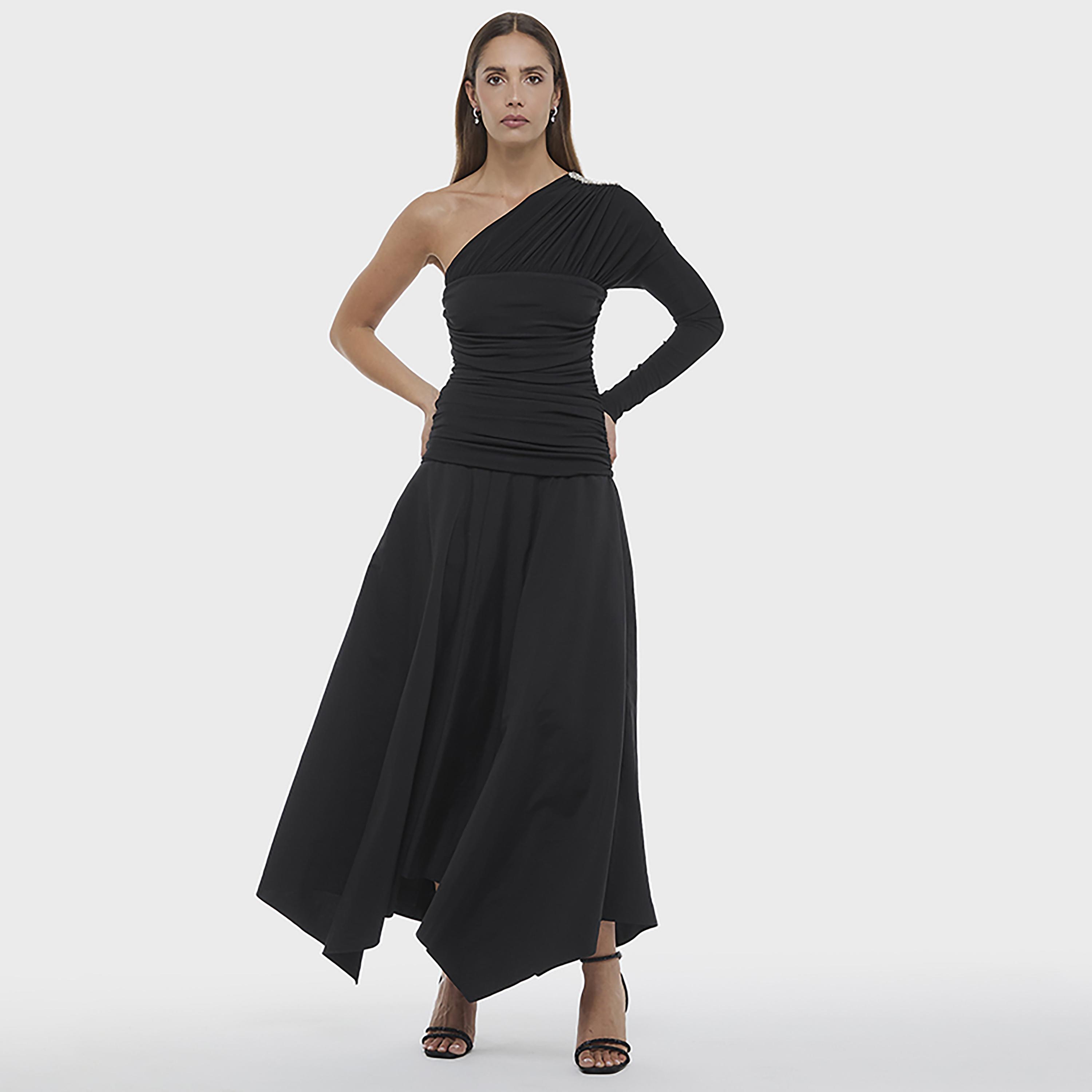 BCBG Black Ruched One Shoulder Asymmetric Women's Maxi Dress-women-clothing-dresses-image-1