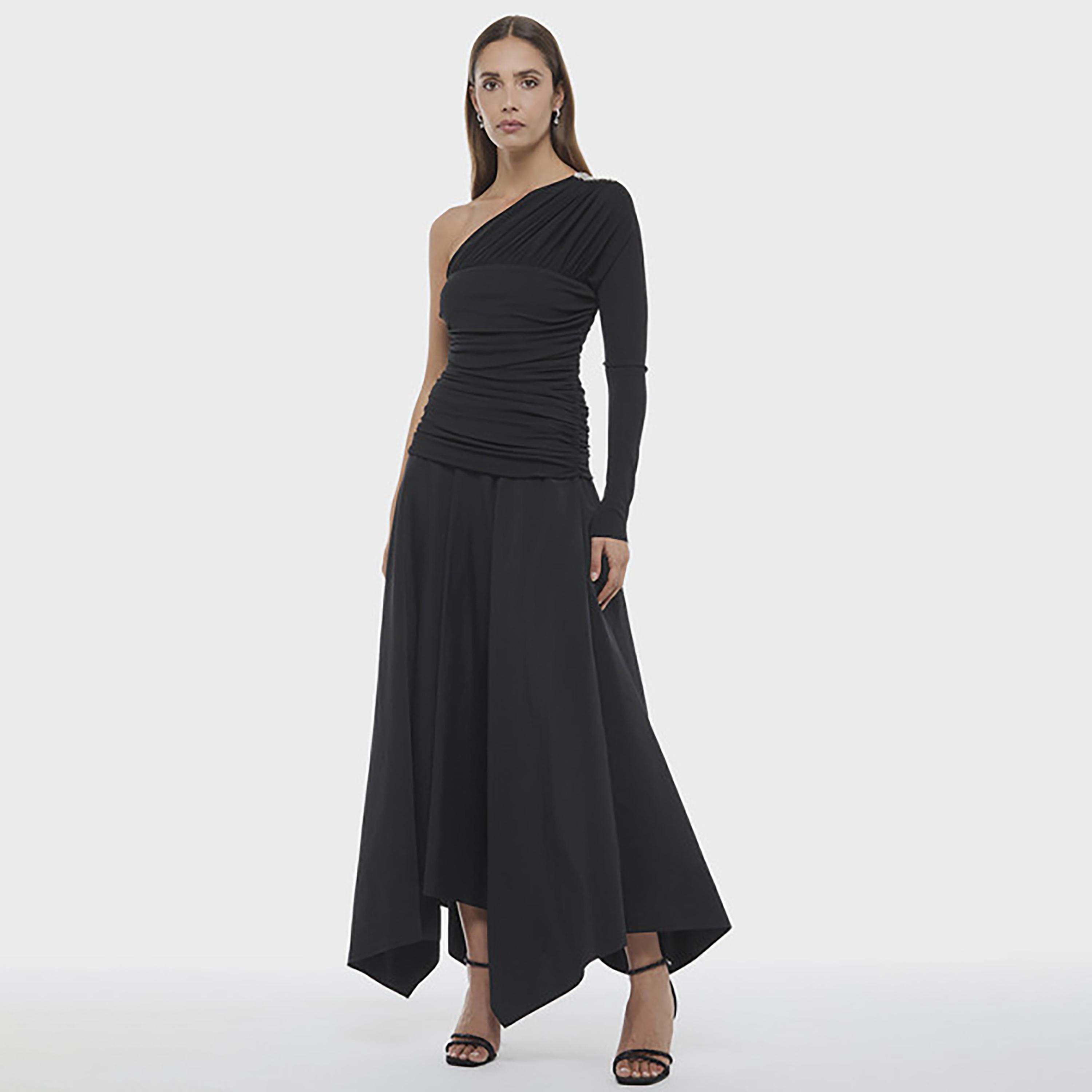 BCBG Black Ruched One Shoulder Asymmetric Women's Maxi Dress-women-clothing-dresses-image-2