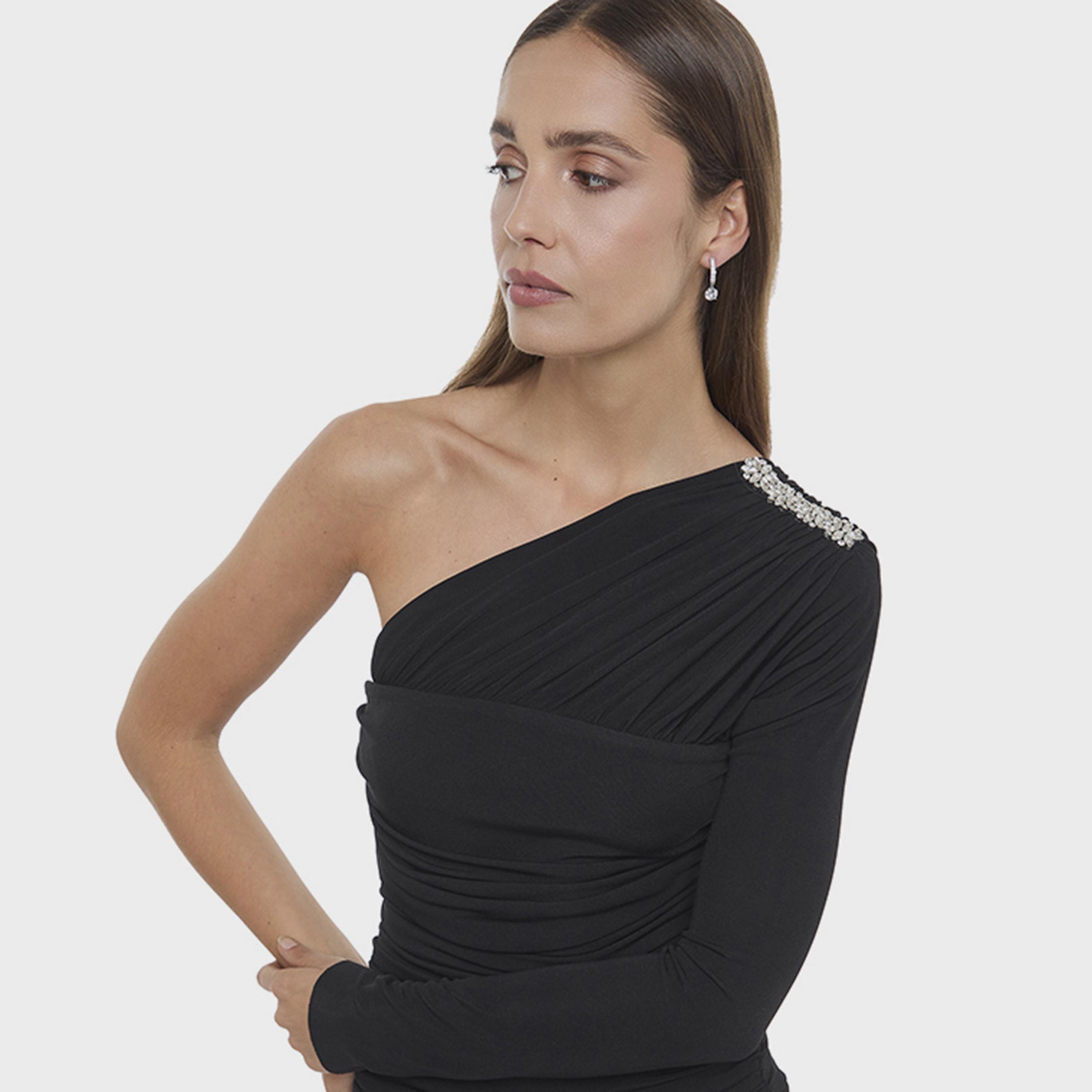 BCBG Black Ruched One Shoulder Asymmetric Women's Maxi Dress-women-clothing-dresses-image-4