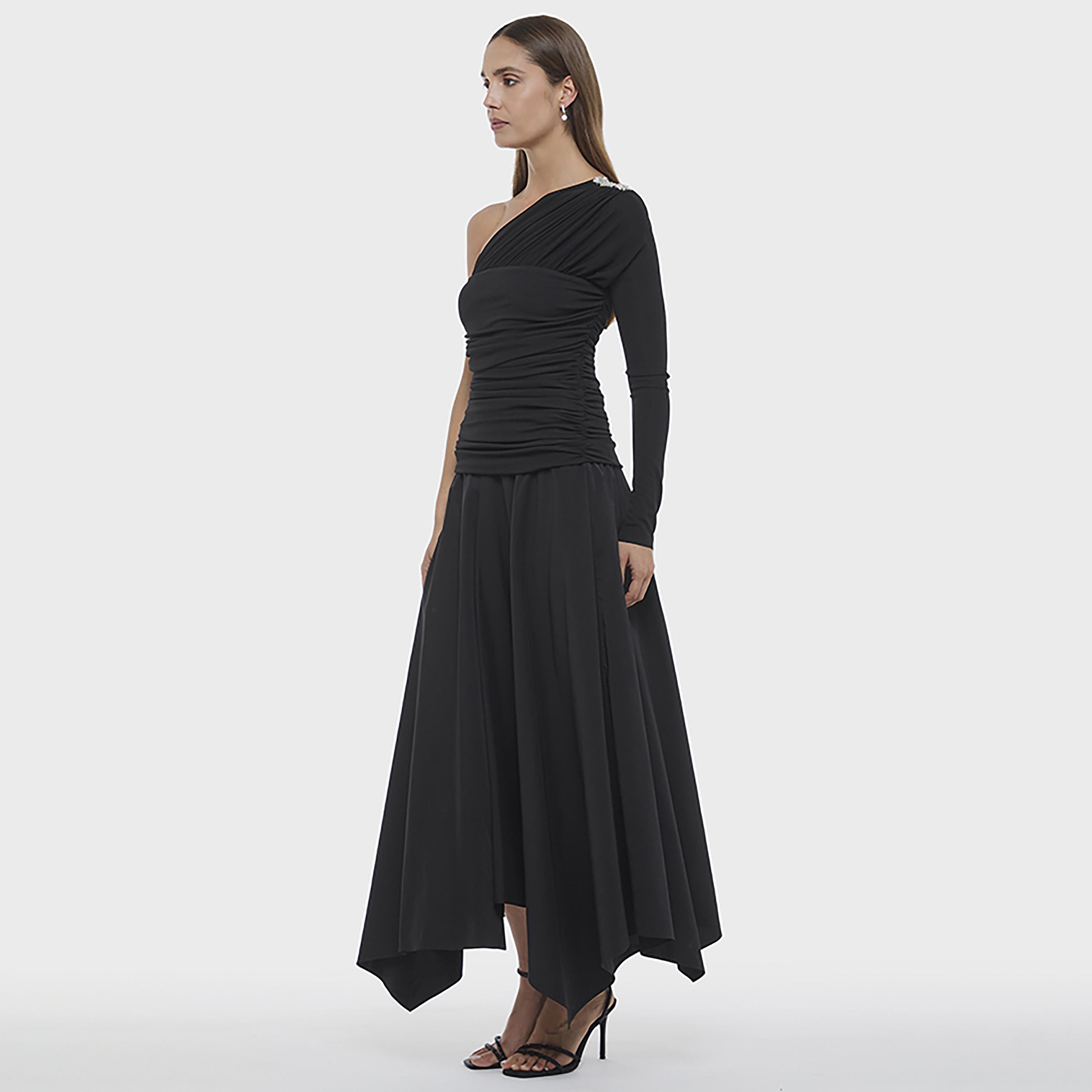 BCBG Black Ruched One Shoulder Asymmetric Women's Maxi Dress-women-clothing-dresses-image-5