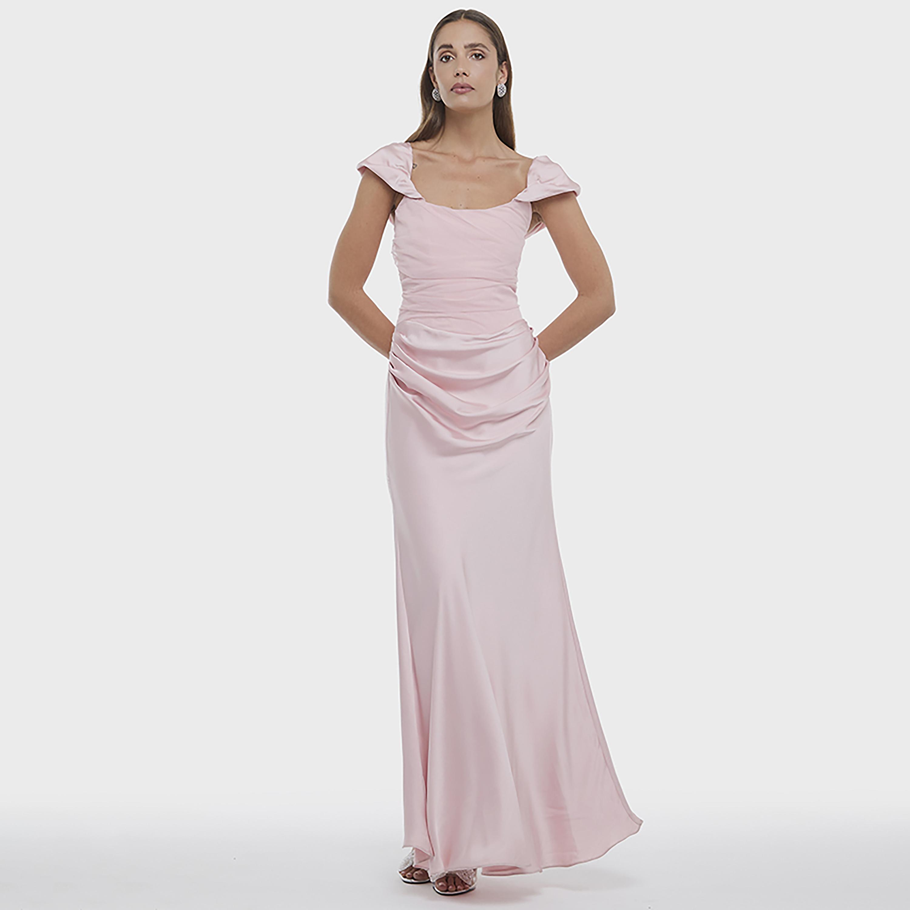 فستان ماكسي ساتان "كورسيه" بأكمام "كاب" وتصميم "روشد" لون وردي من بي سي بي جي-women-clothing-dresses-image-1