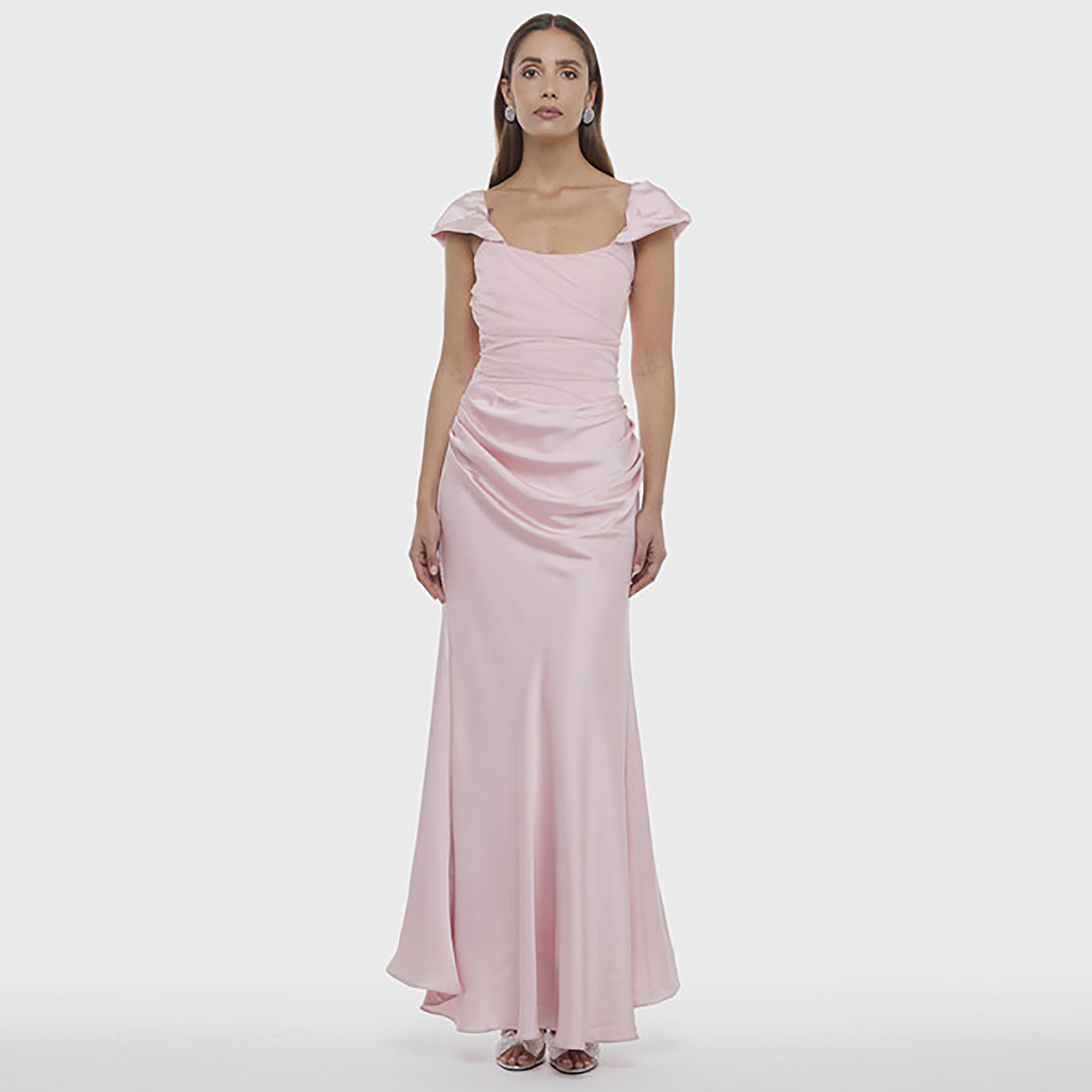 فستان ماكسي ساتان "كورسيه" بأكمام "كاب" وتصميم "روشد" لون وردي من بي سي بي جي-women-clothing-dresses-image-2