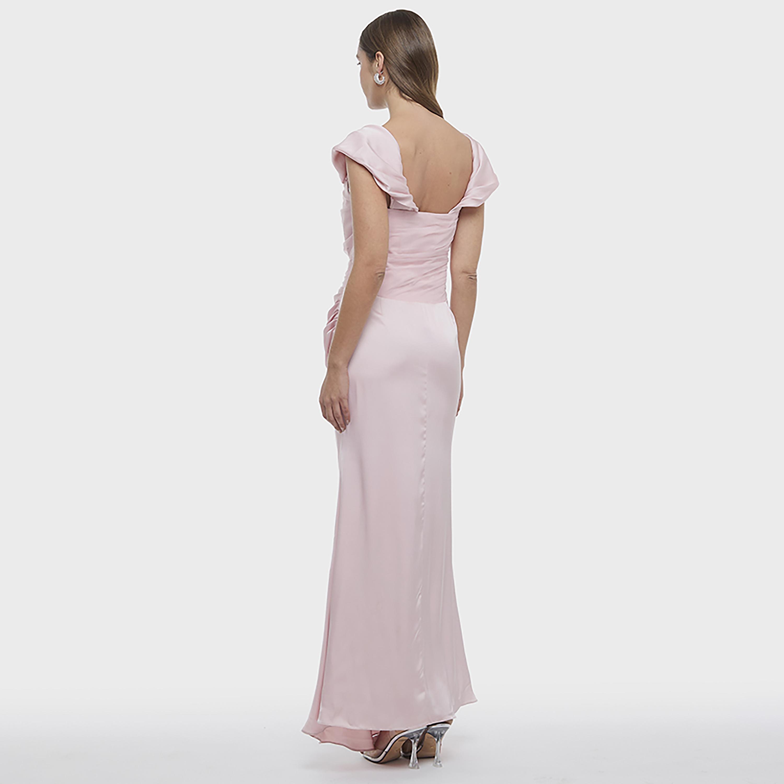 فستان ماكسي ساتان "كورسيه" بأكمام "كاب" وتصميم "روشد" لون وردي من بي سي بي جي-women-clothing-dresses-image-3