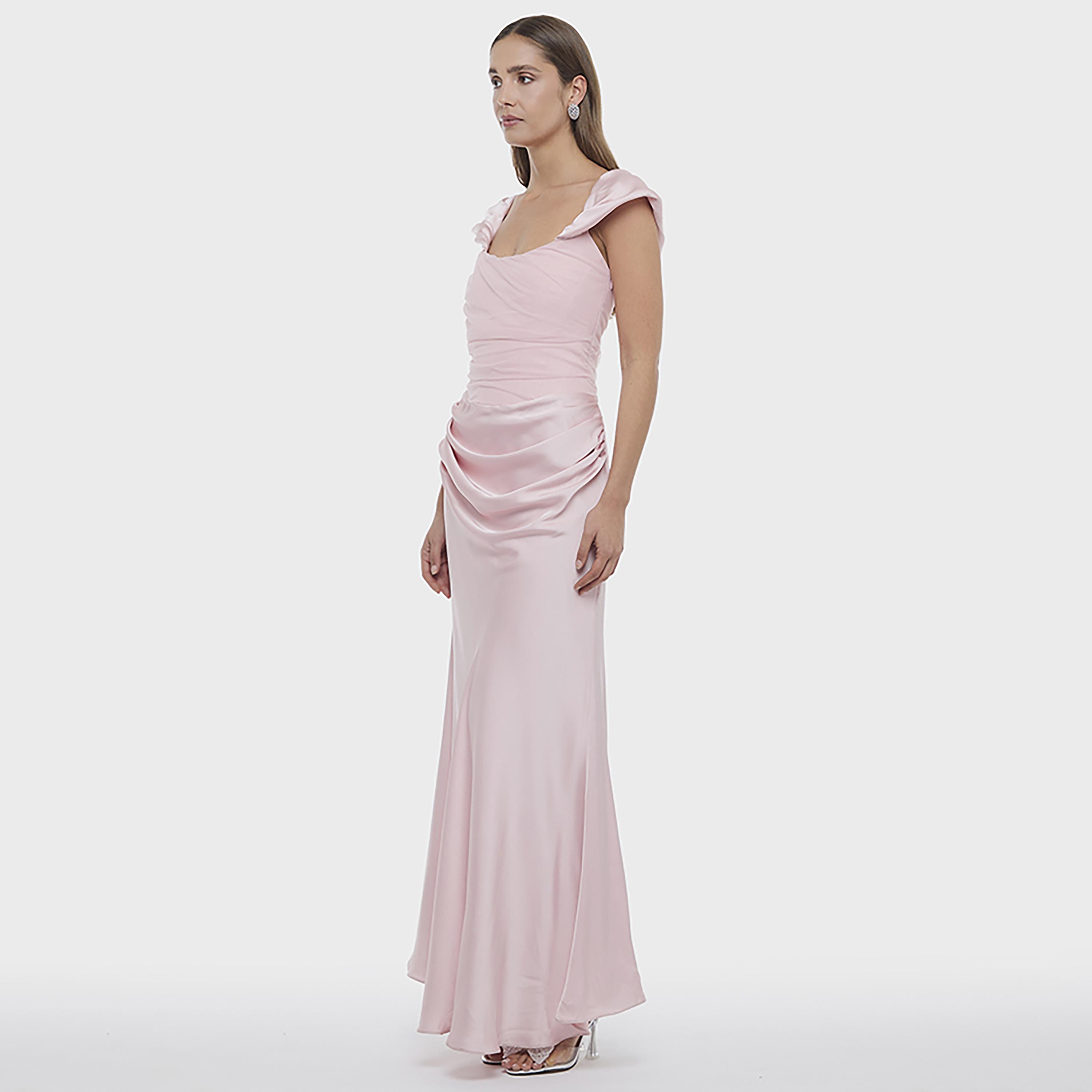 فستان ماكسي ساتان "كورسيه" بأكمام "كاب" وتصميم "روشد" لون وردي من بي سي بي جي-women-clothing-dresses-image-5