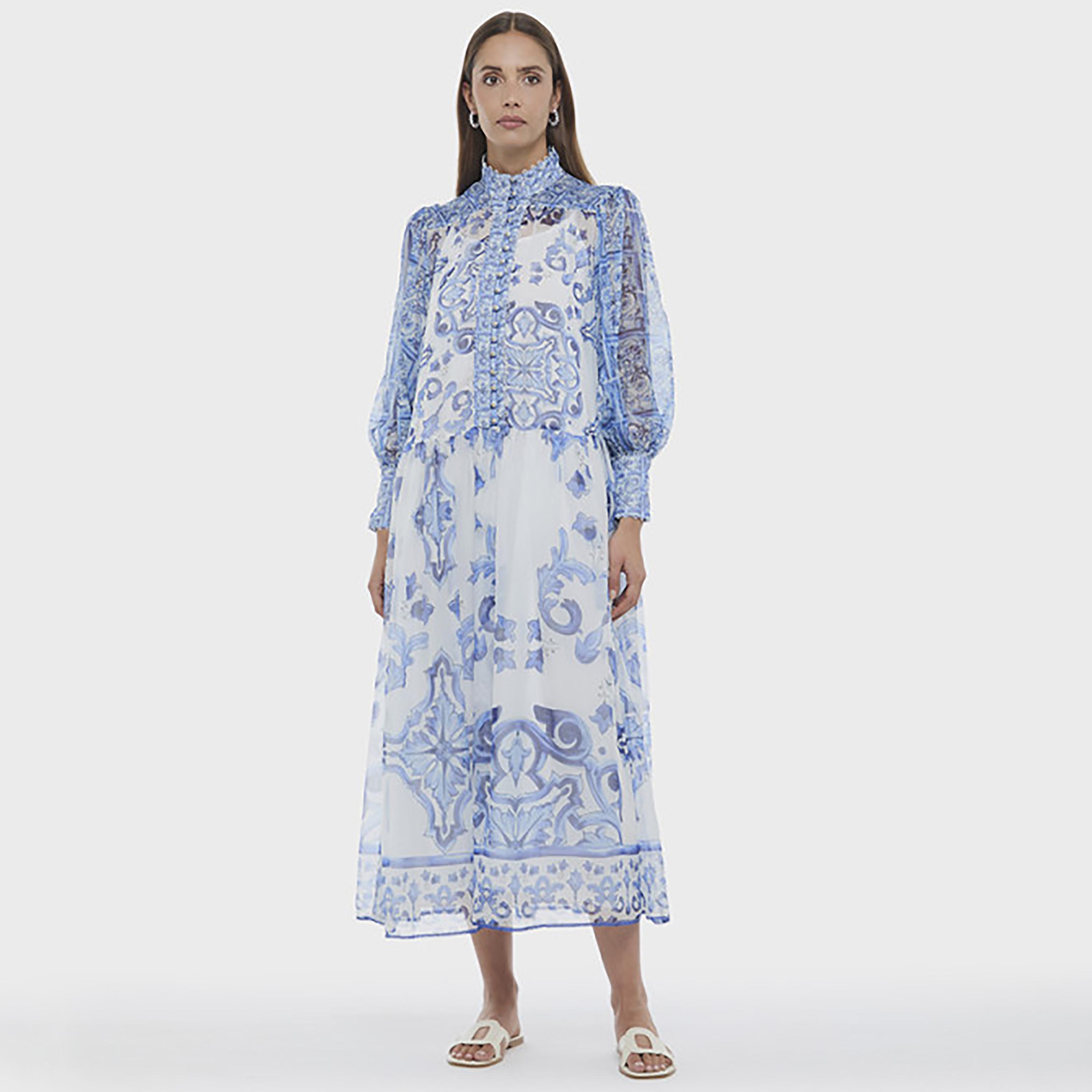 فستان ميدي نسائي بأكمام "بيشوب" ورقبة عالية قماش شيفون بنقوش إثنية من بي سي بي جي-women-clothing-dresses-image-1