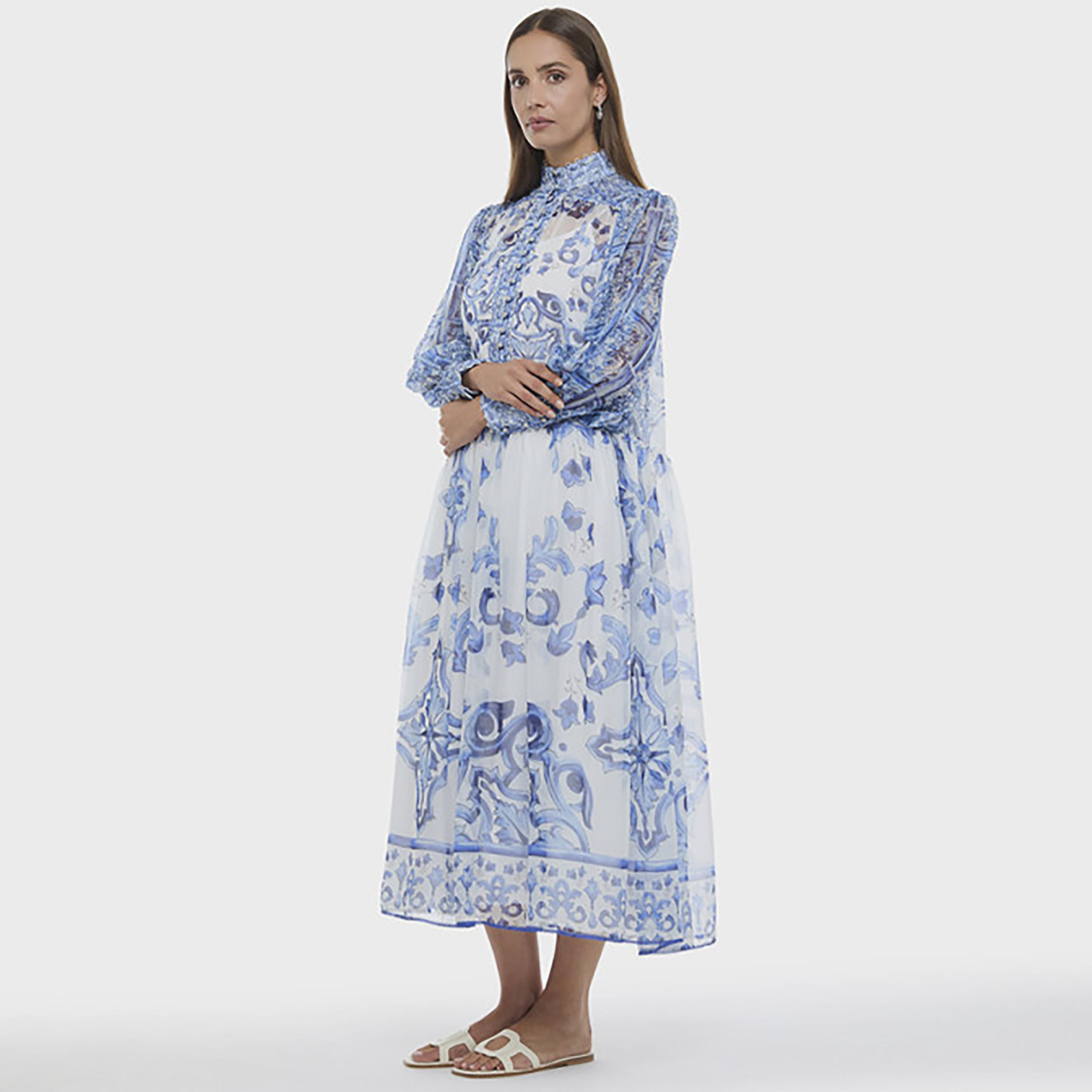 BCBG Multicolour Ethnic Motifs Chiffon High Neck Bishop Sleeves Women's Midi Dress-women-clothing-dresses-image-2