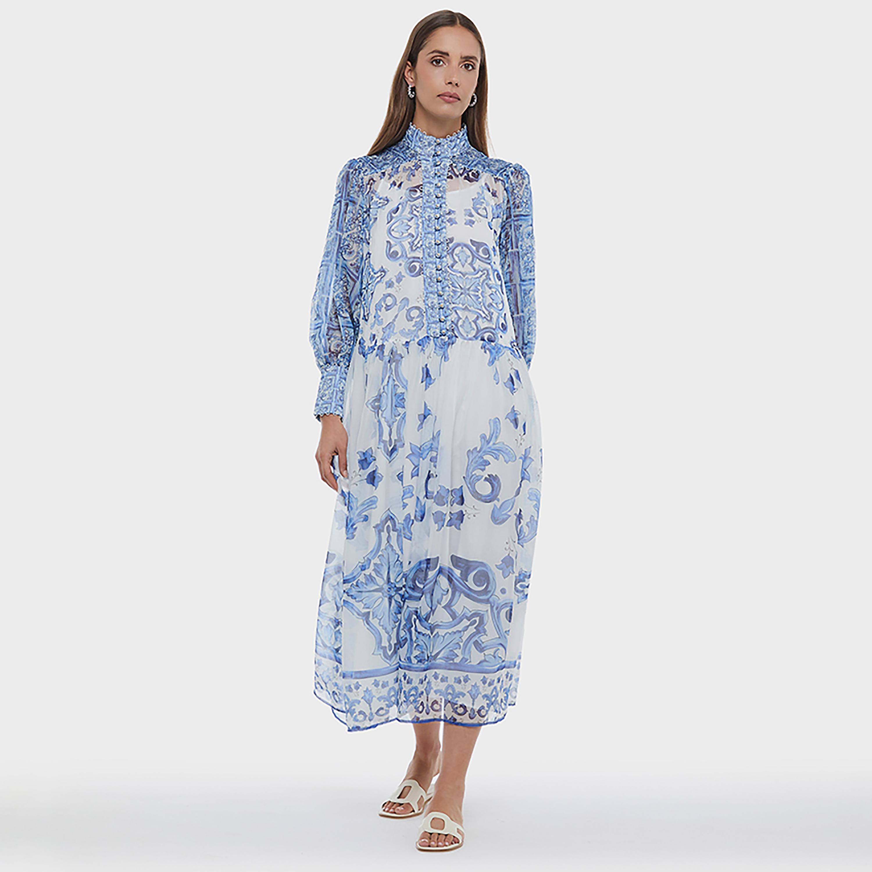 BCBG Multicolour Ethnic Motifs Chiffon High Neck Bishop Sleeves Women's Midi Dress-women-clothing-dresses-image-5