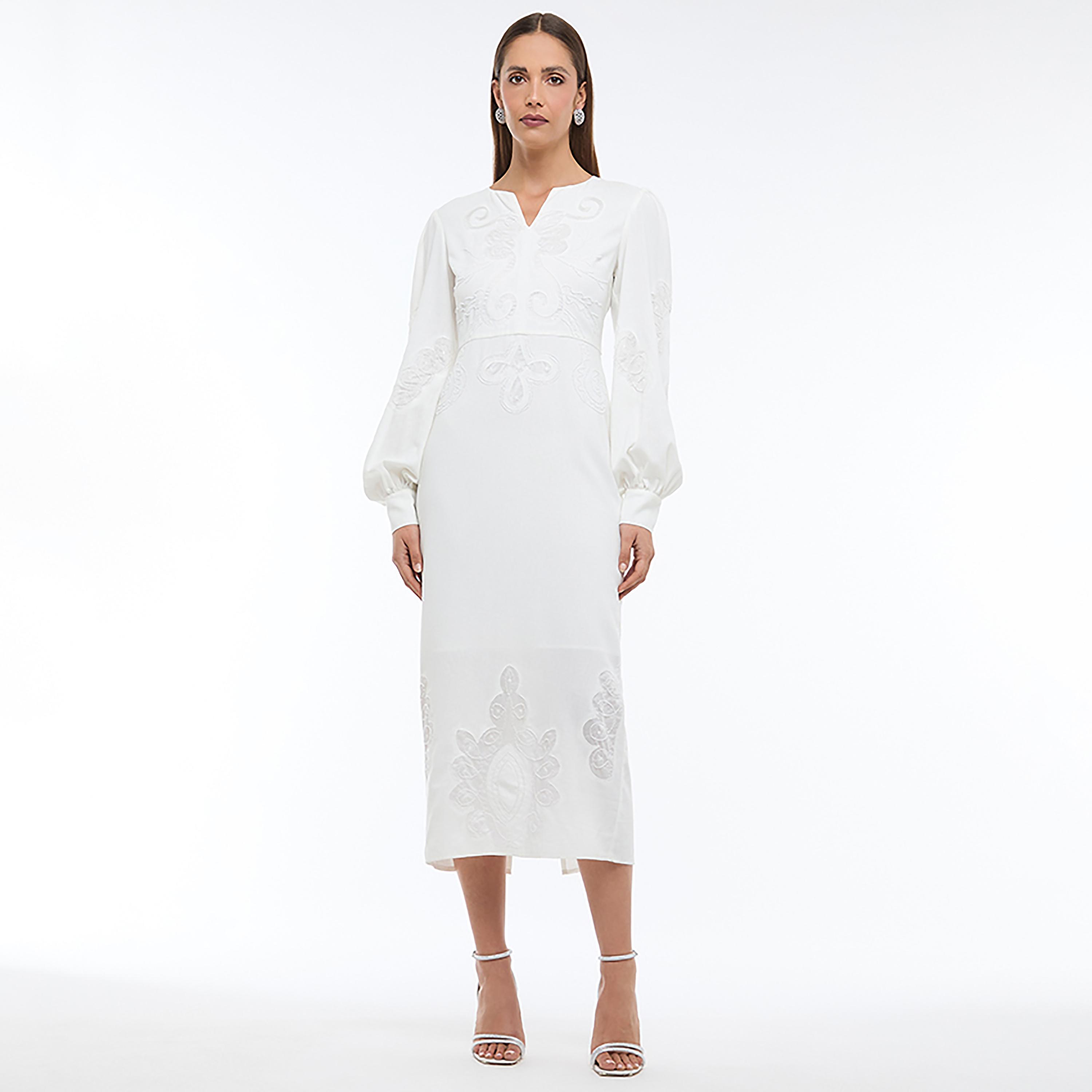 BCBG White Embroidered Linen Bishop Sleeves Column Women's Midi Dress-women-clothing-dresses-image-1