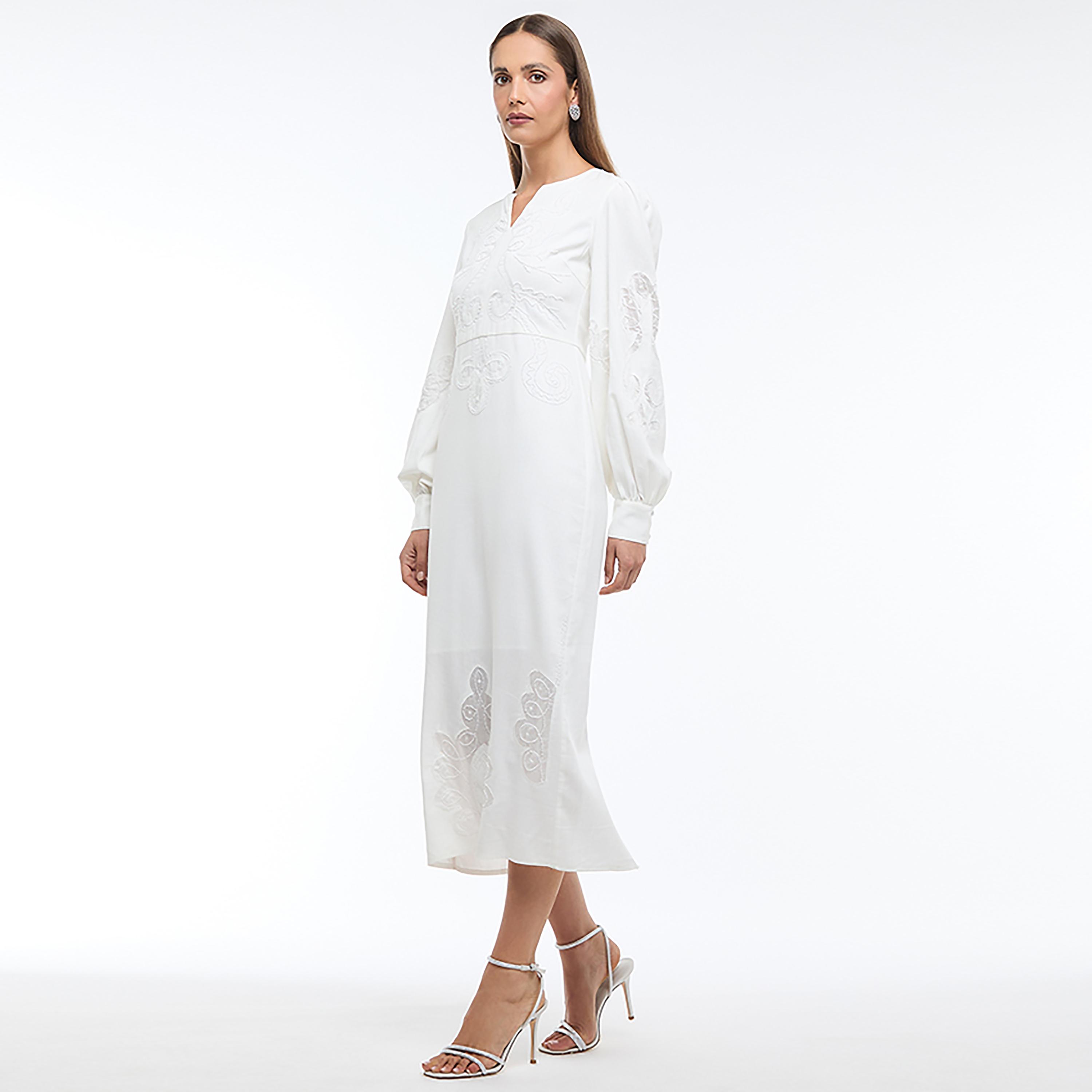 BCBG White Embroidered Linen Bishop Sleeves Column Women's Midi Dress-women-clothing-dresses-image-2