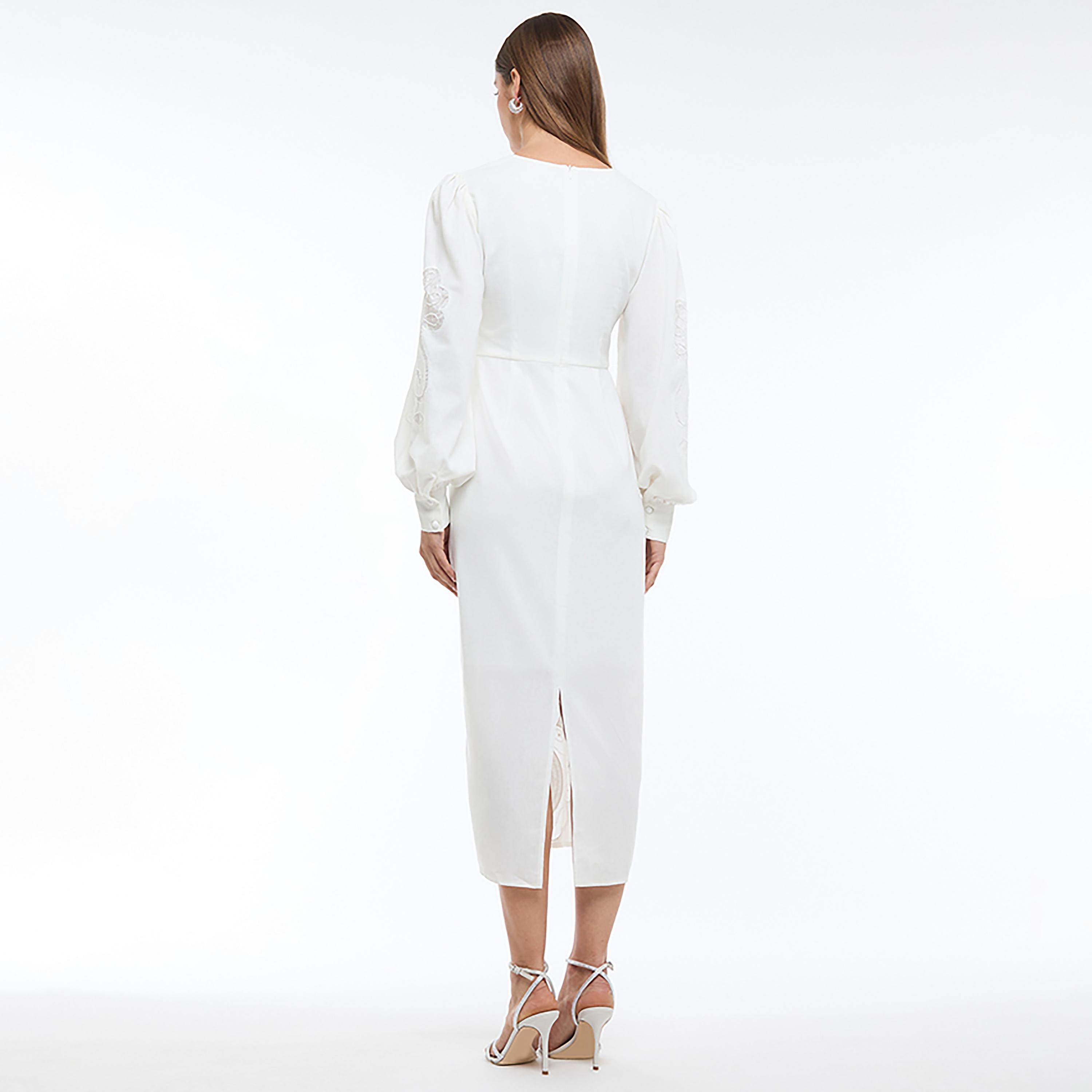 BCBG White Embroidered Linen Bishop Sleeves Column Women's Midi Dress-women-clothing-dresses-image-3