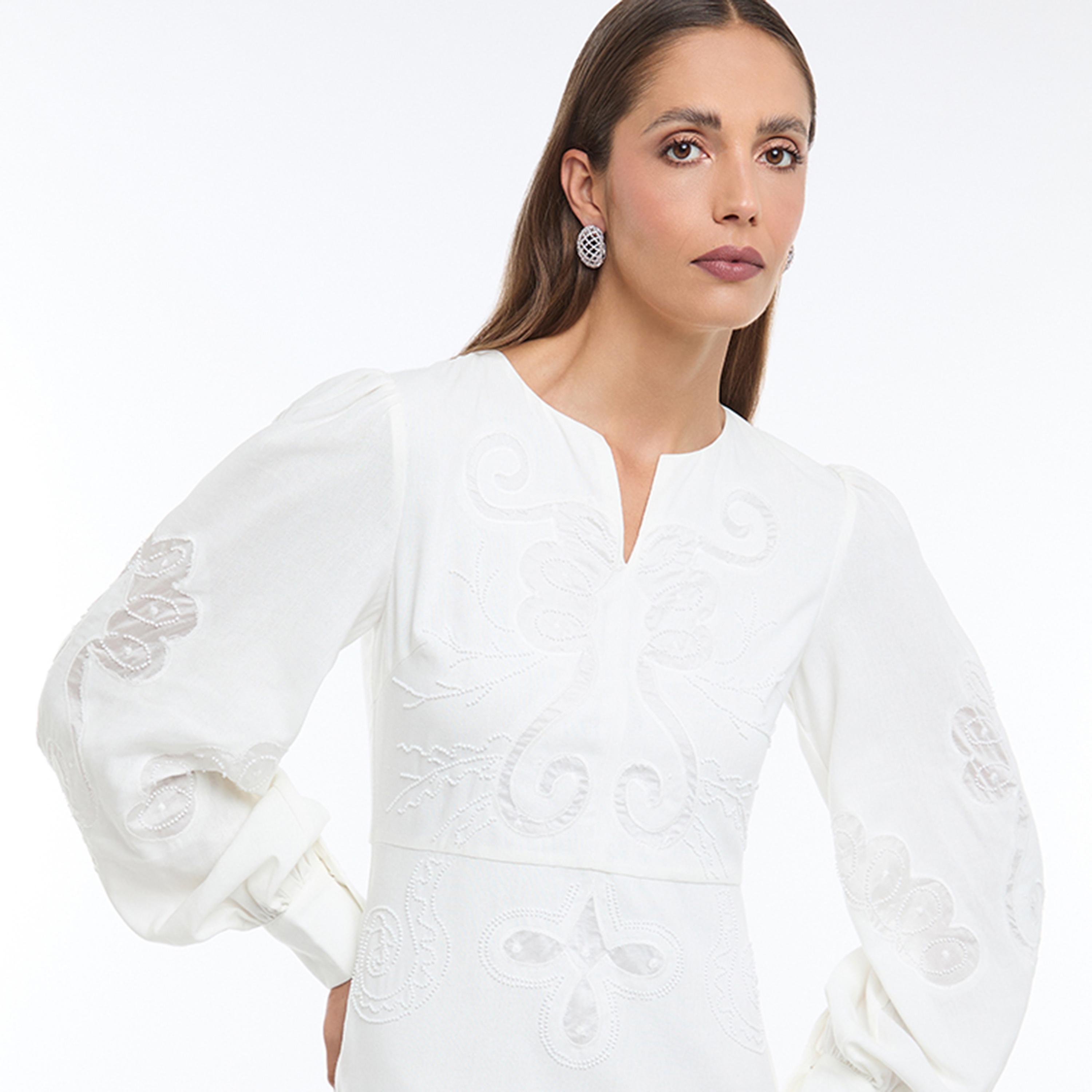 BCBG White Embroidered Linen Bishop Sleeves Column Women's Midi Dress-women-clothing-dresses-image-4
