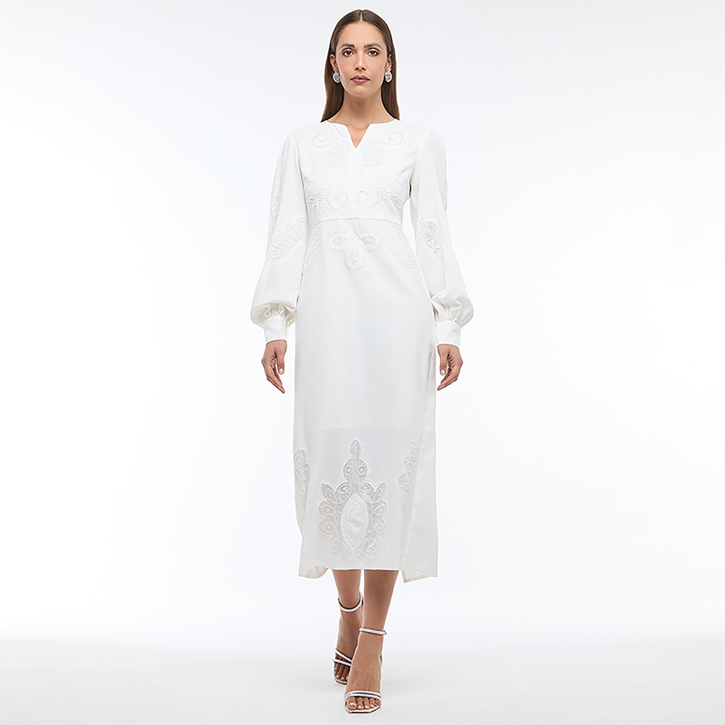 BCBG White Embroidered Linen Bishop Sleeves Column Women's Midi Dress-women-clothing-dresses-image-5