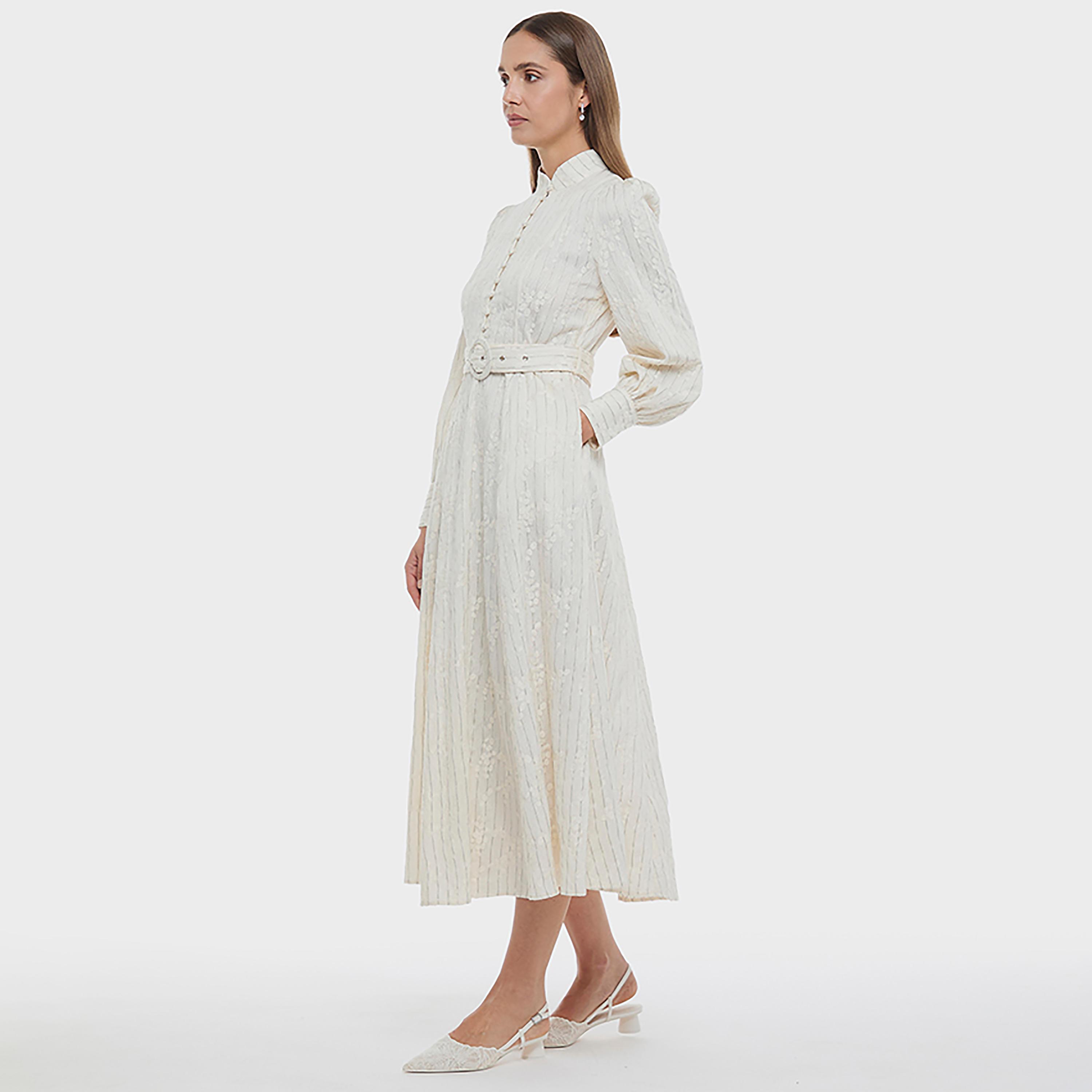 فستان ميدي نسائي بأكمام بأساور وياقة "ماندرين" ومخطط لون أبيض من بي سي بي جي-women-clothing-dresses-image-2
