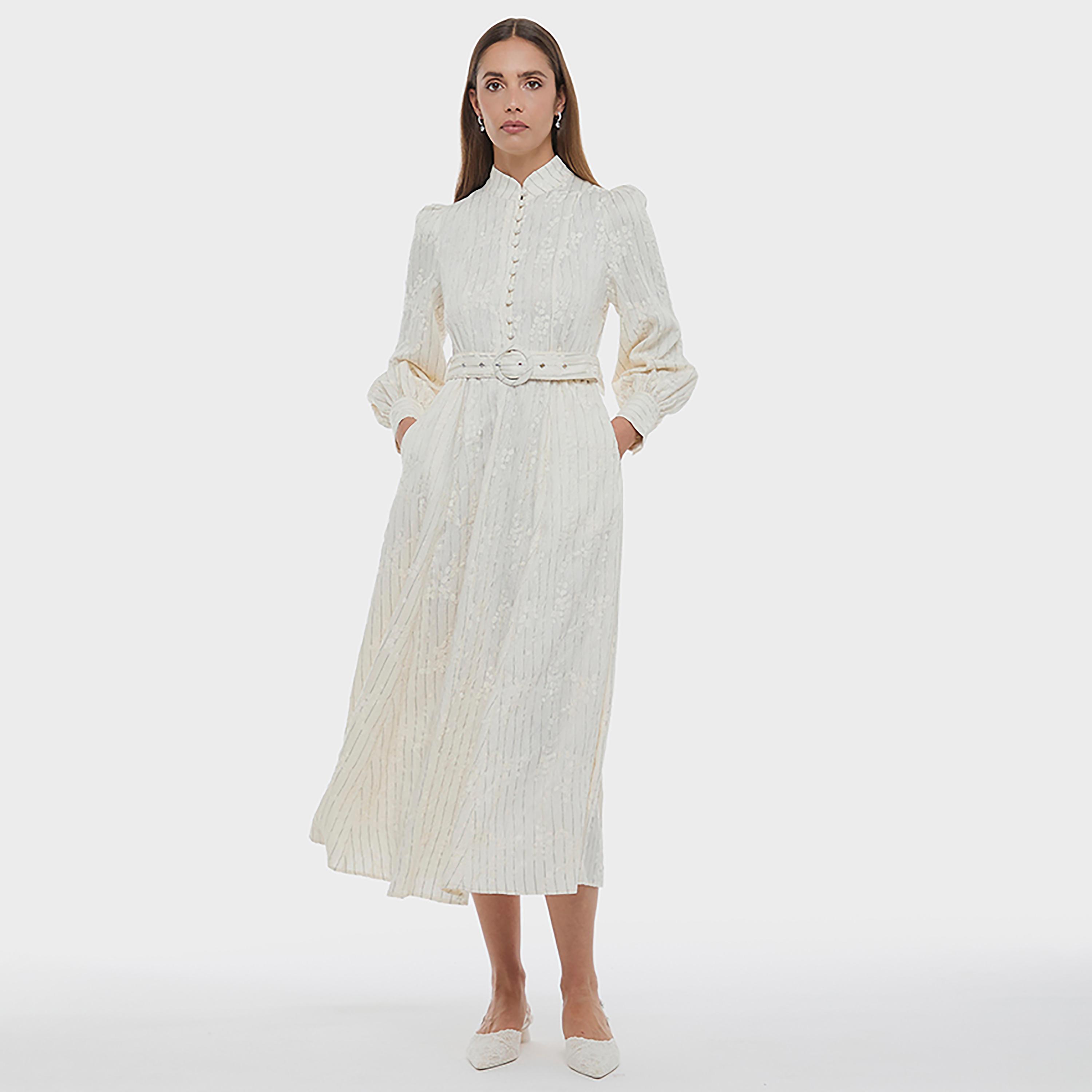 فستان ميدي نسائي بأكمام بأساور وياقة "ماندرين" ومخطط لون أبيض من بي سي بي جي-women-clothing-dresses-image-5