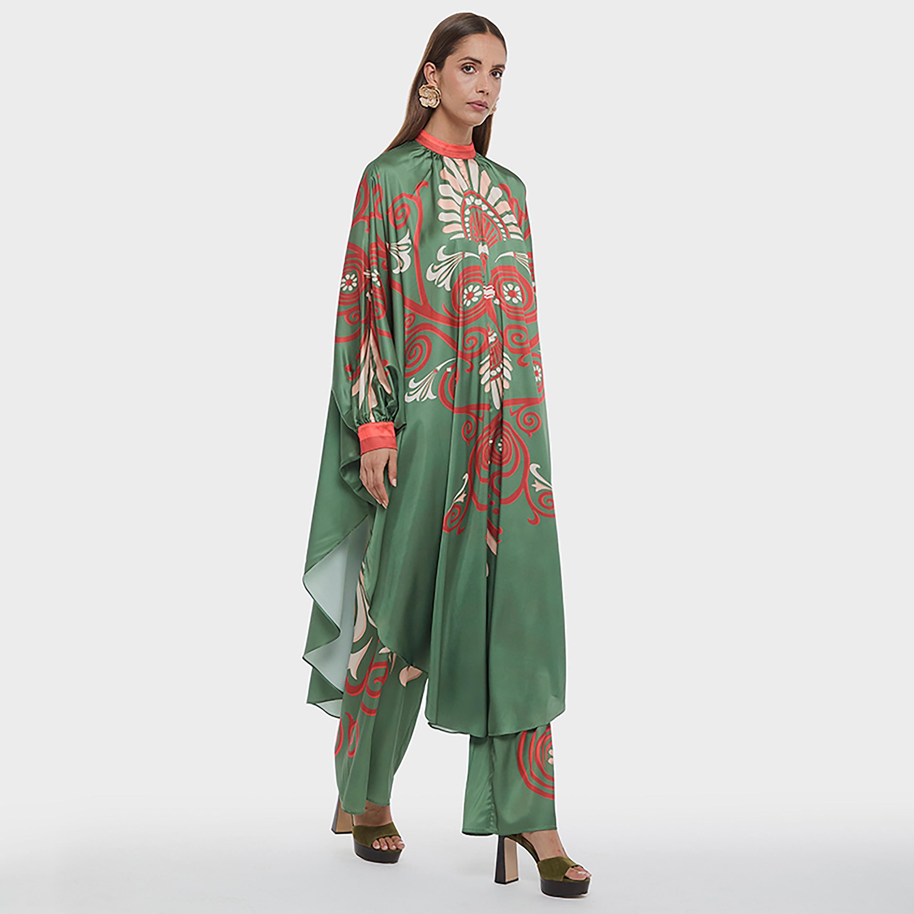 BCBG Multicolour Abstract Ornamental Print Mock Neck Bishop Sleeves Kaftan Women's Maxi Dress-women-clothing-dresses-image-2