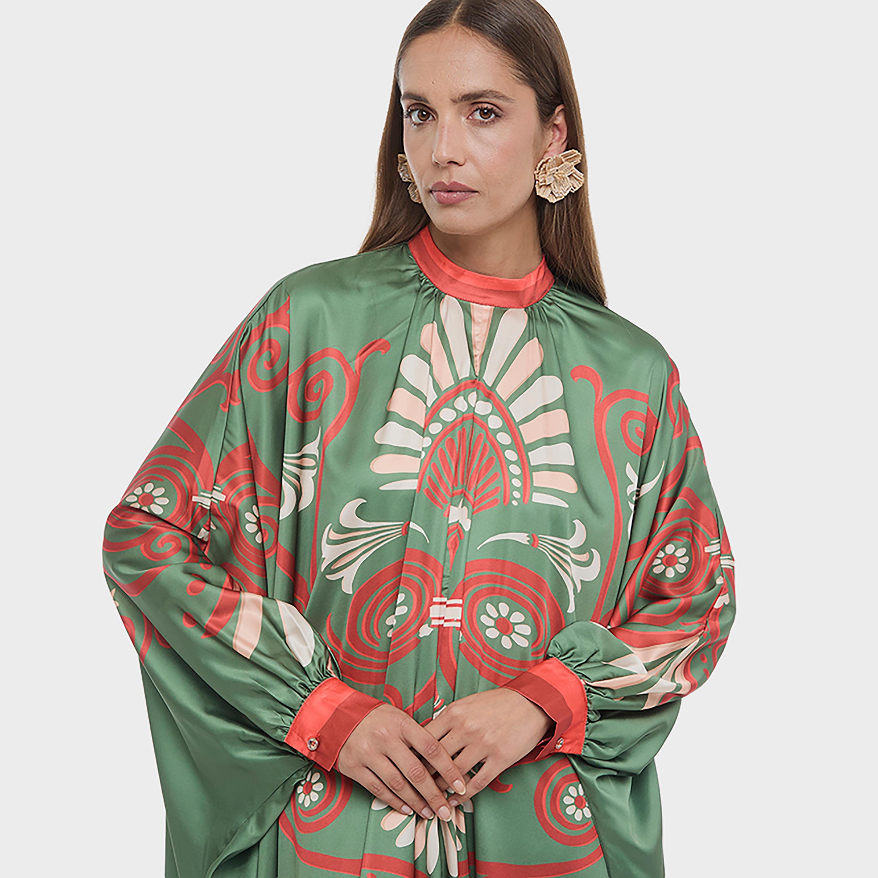 BCBG Multicolour Abstract Ornamental Print Mock Neck Bishop Sleeves Kaftan Women's Maxi Dress-women-clothing-dresses-image-4