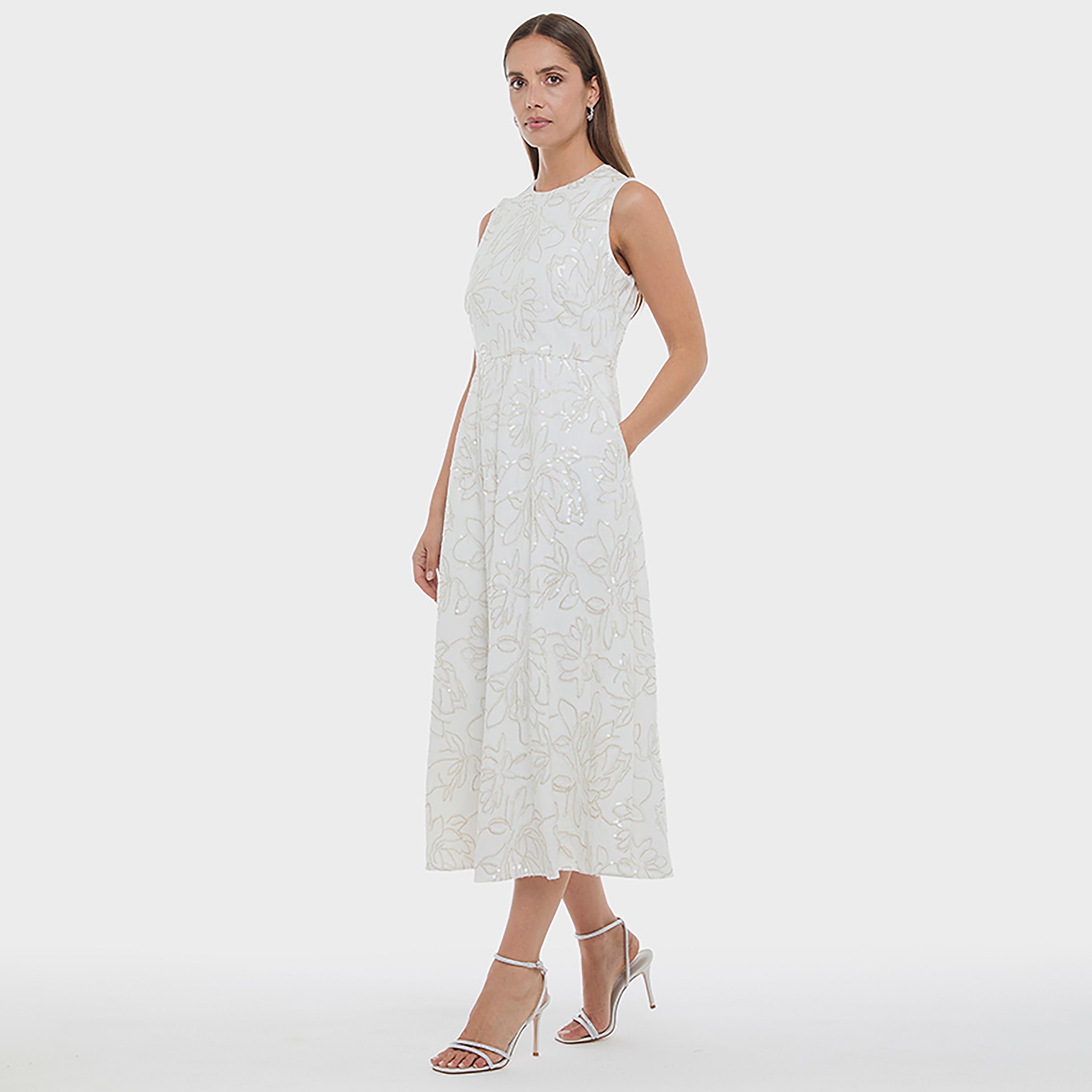 BCBG White Floral Sequined Women's Evening Midi Dress-women-clothing-dresses-image-2