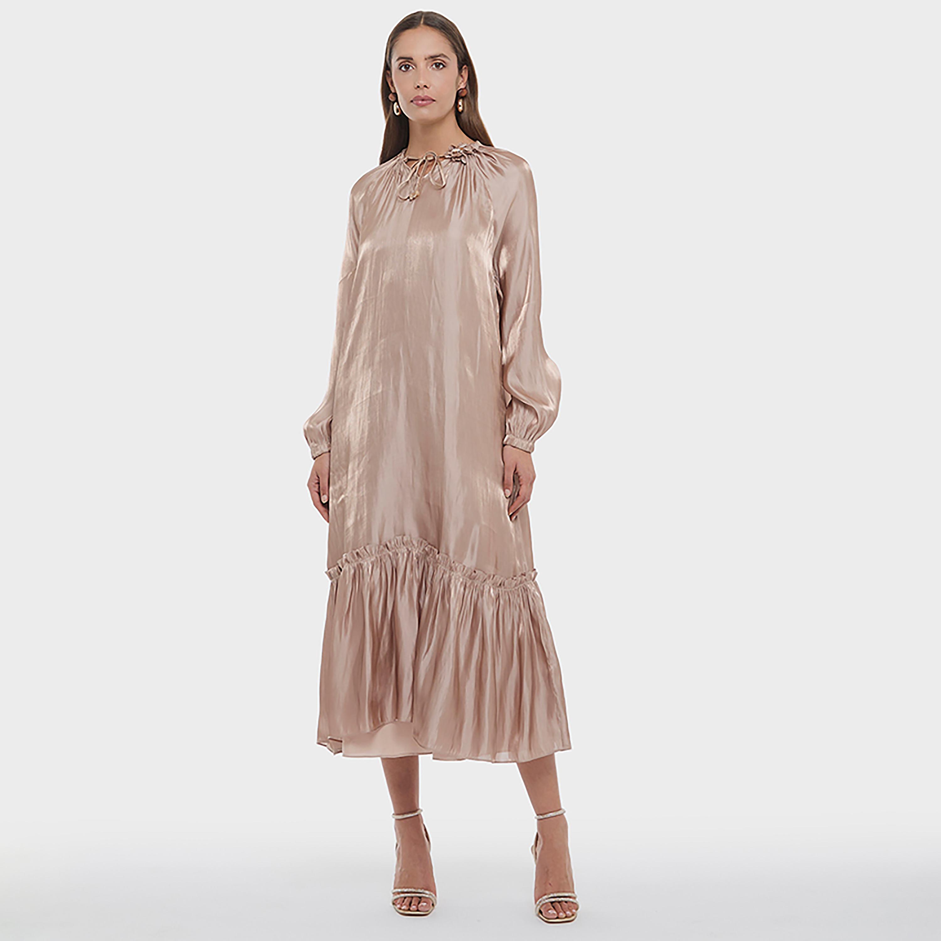 فستان ميدي نسائي بخصر منخفض وأكمام "بيشوب" وياقة تربط لون بني من بي سي بي جي-women-clothing-dresses-image-1