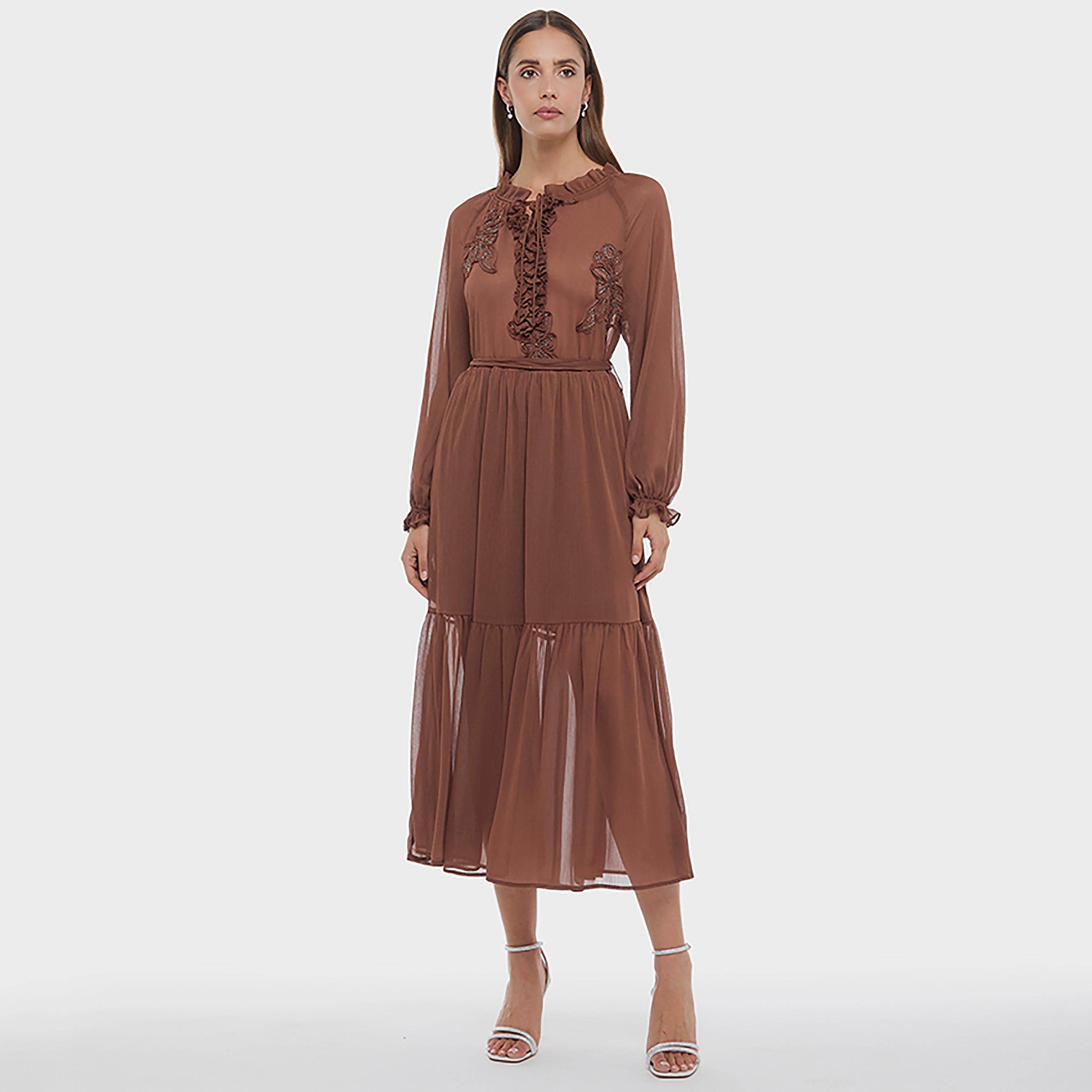 BCBG Brown Ruffle Detailed Tie-Up Neck Raglan Sleeves Tiered Women's Midi Dress-women-clothing-dresses-image-1