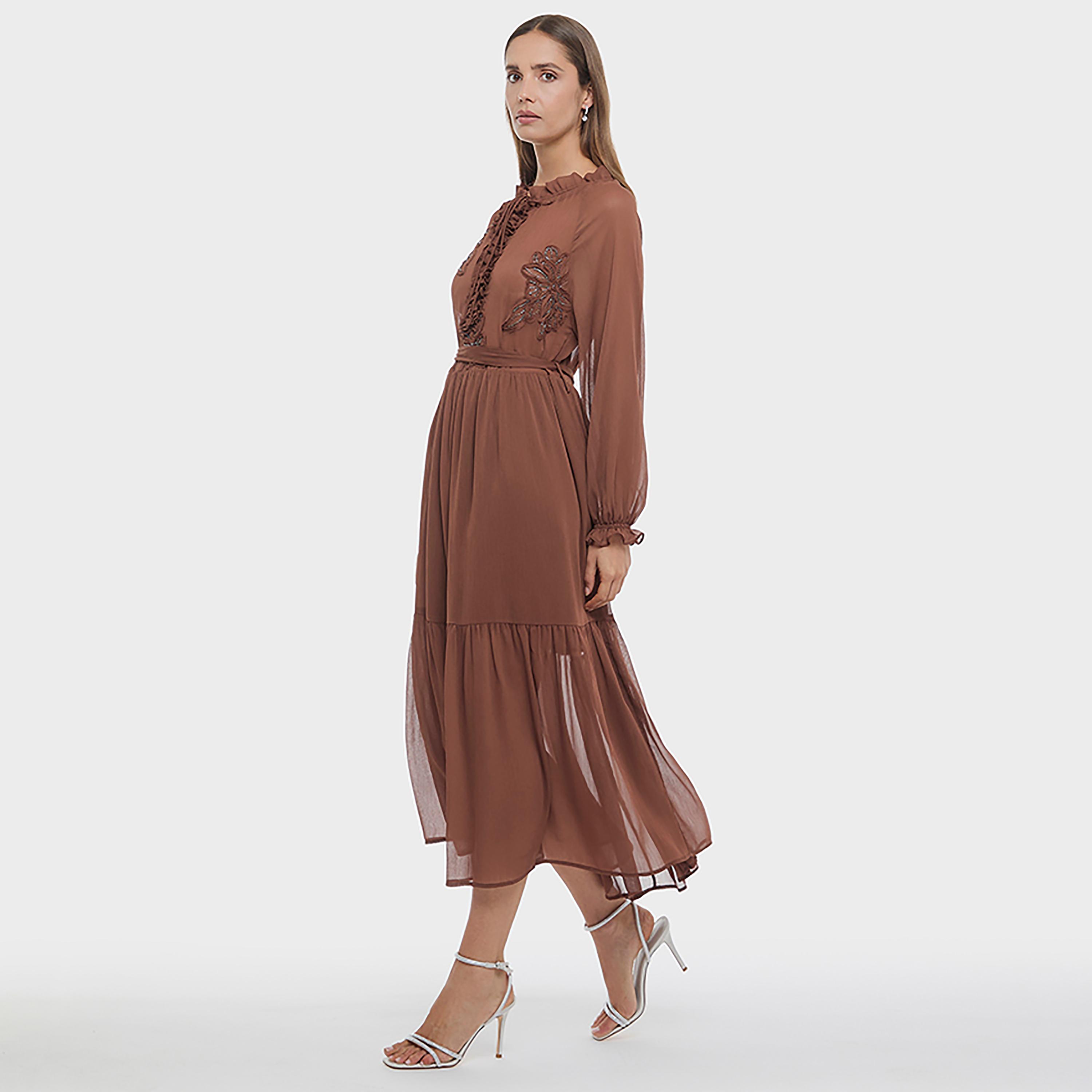 BCBG Brown Ruffle Detailed Tie-Up Neck Raglan Sleeves Tiered Women's Midi Dress-women-clothing-dresses-image-2