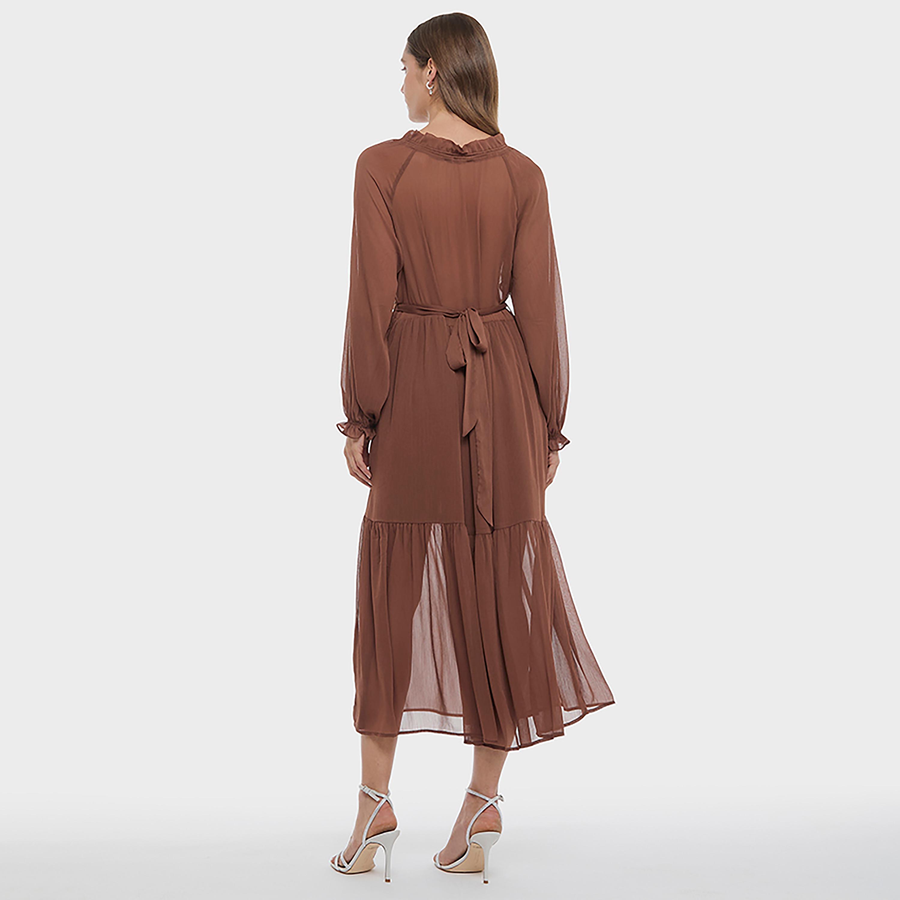 BCBG Brown Ruffle Detailed Tie-Up Neck Raglan Sleeves Tiered Women's Midi Dress-women-clothing-dresses-image-3