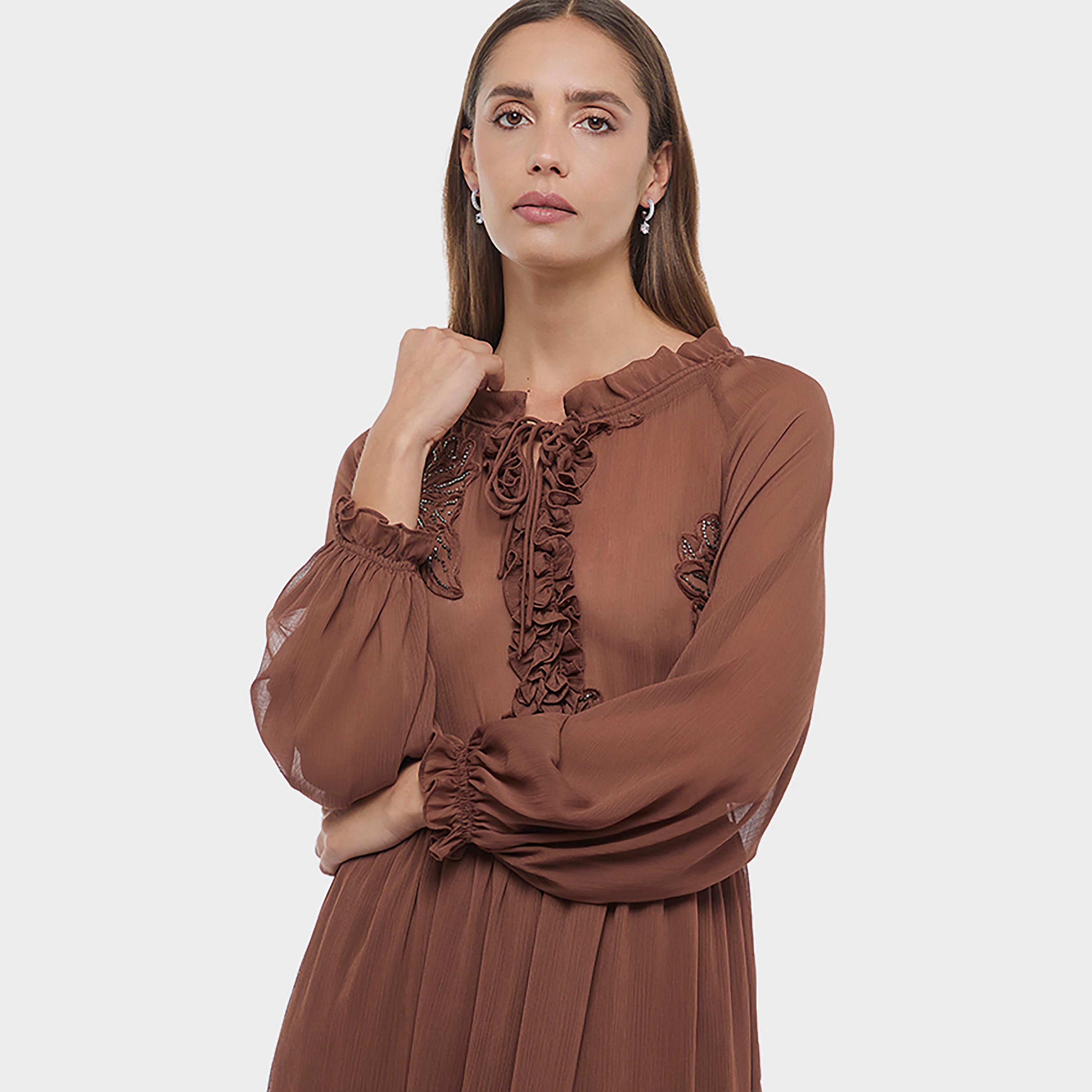 BCBG Brown Ruffle Detailed Tie-Up Neck Raglan Sleeves Tiered Women's Midi Dress-women-clothing-dresses-image-4