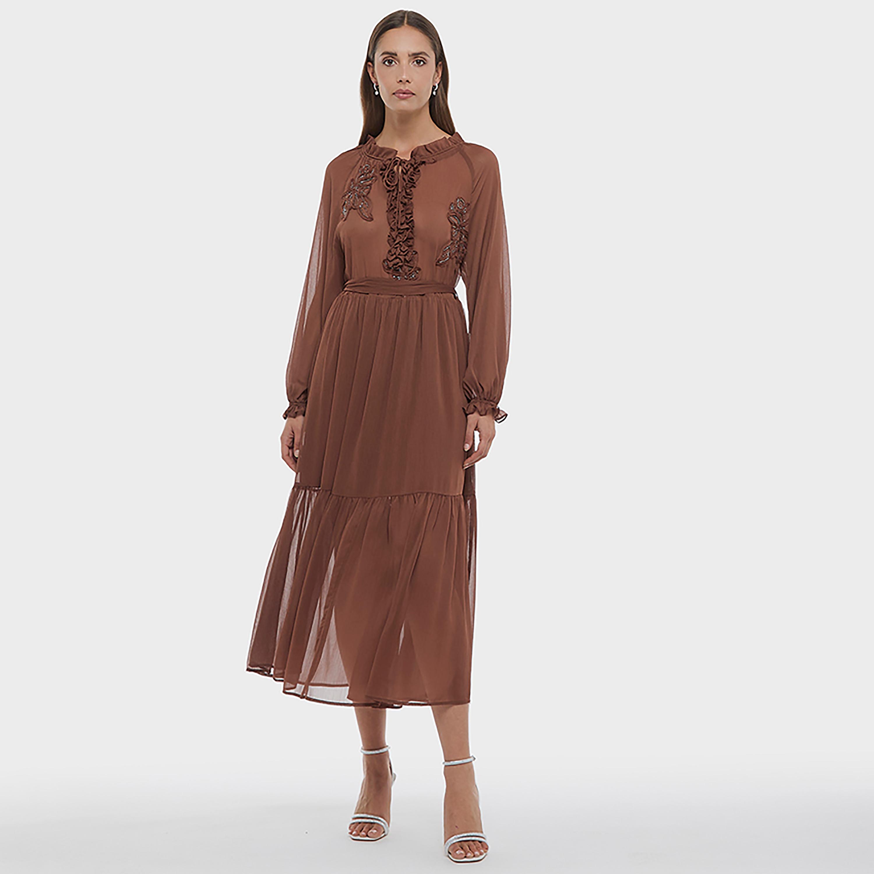 BCBG Brown Ruffle Detailed Tie-Up Neck Raglan Sleeves Tiered Women's Midi Dress-women-clothing-dresses-image-5