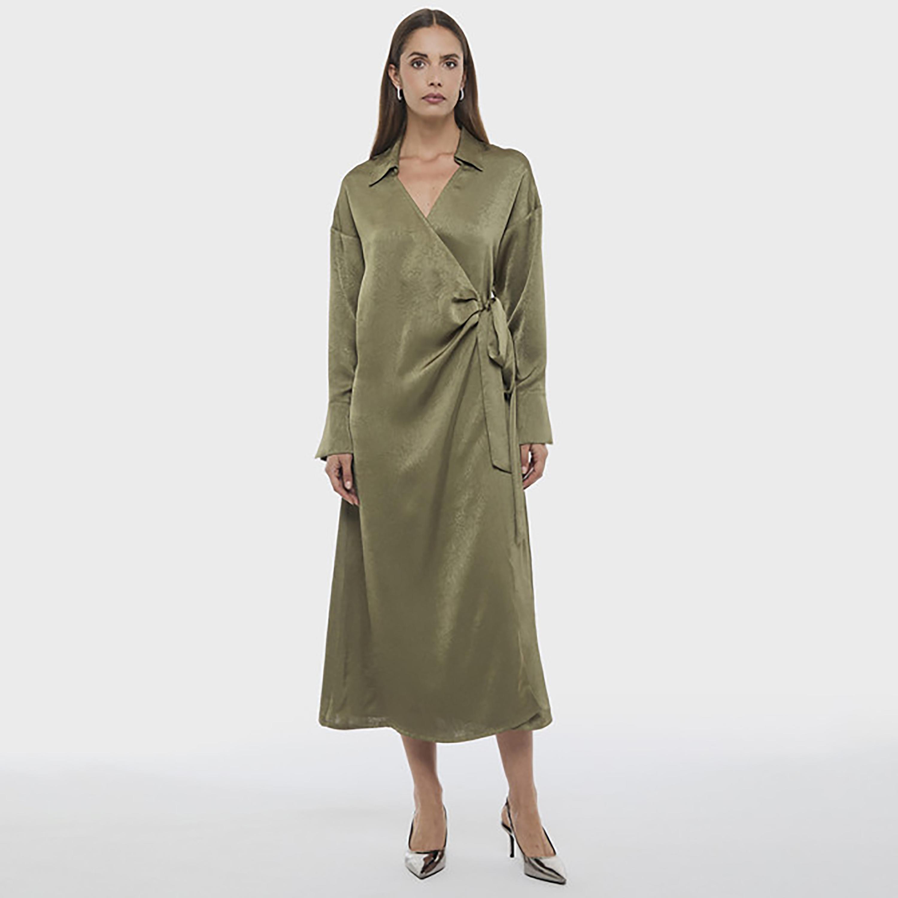 فستان ميدي نسائي بتصميم "لف" وياقة قميص بلون زيتوني من بي سي بي جي-women-clothing-dresses-image-1