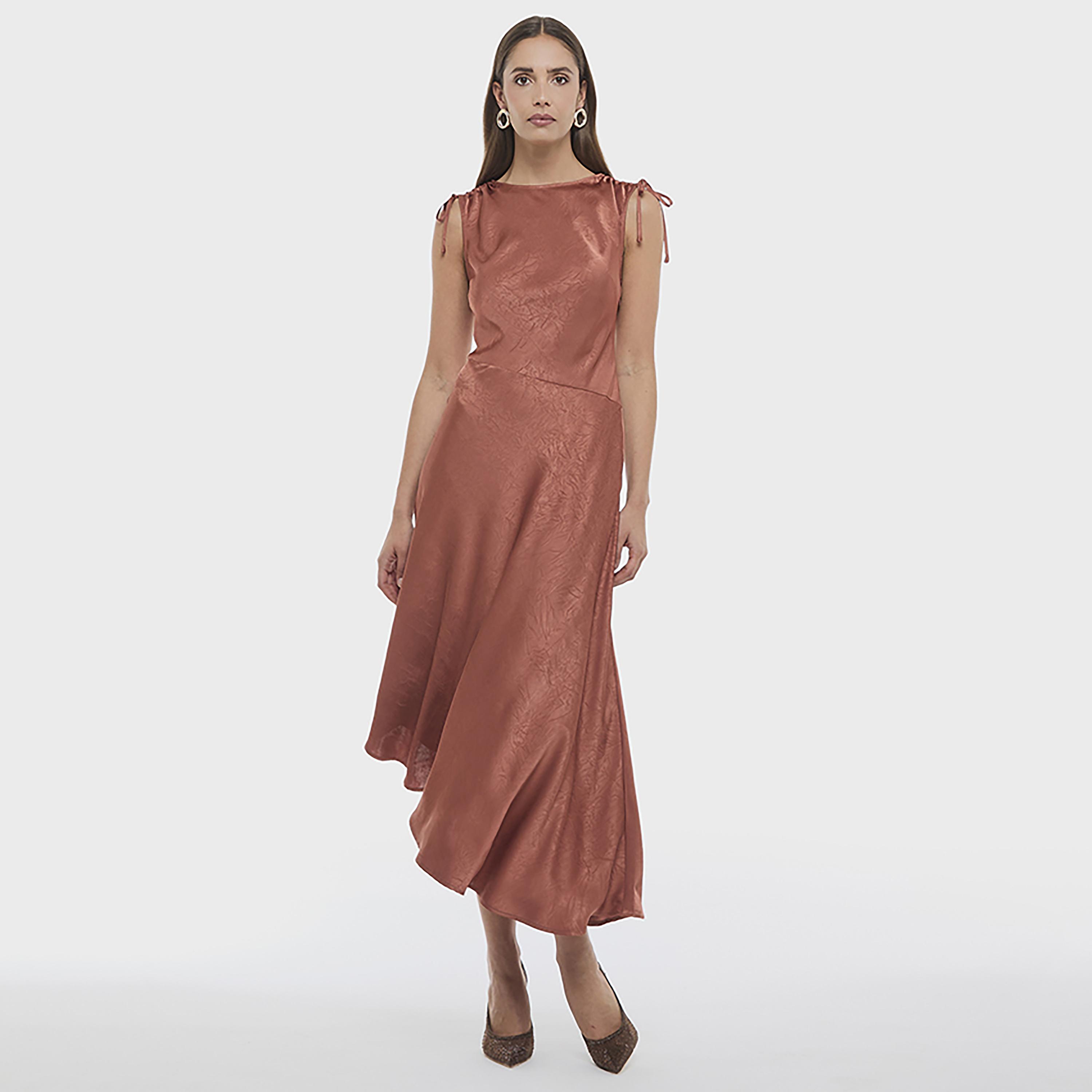 BCBG Rust Satin Sheen Tie Shoulder Asymmetric Women's Midi Dress-women-clothing-dresses-image-1