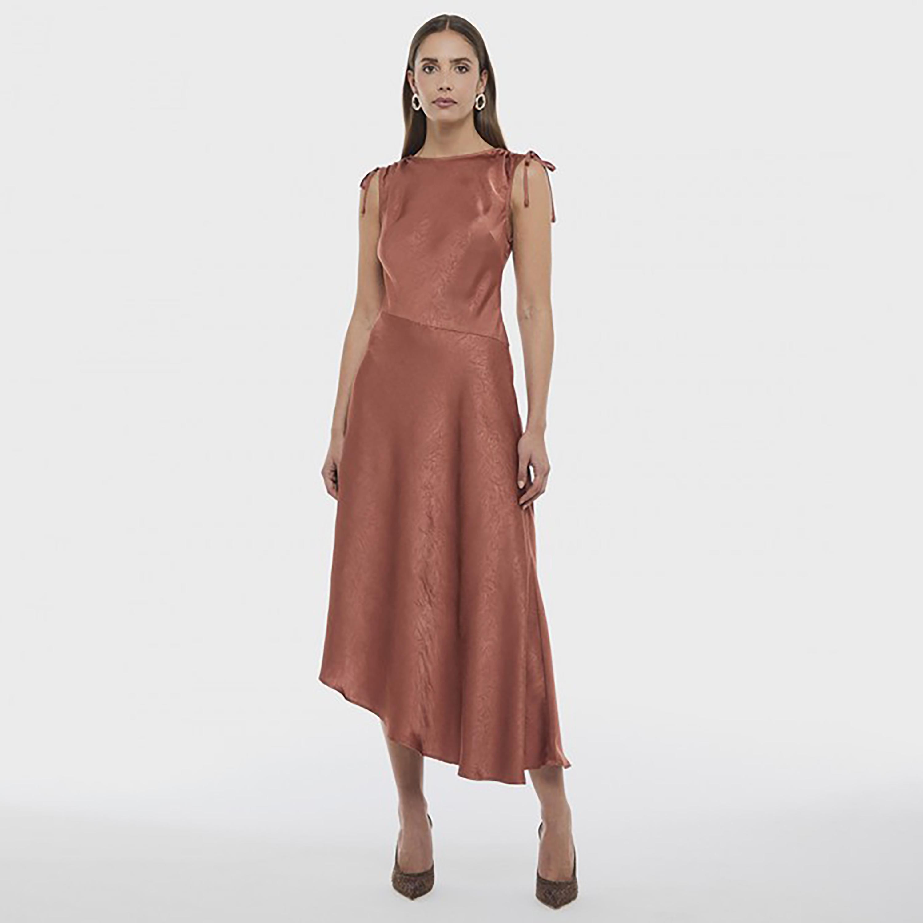 BCBG Rust Satin Sheen Tie Shoulder Asymmetric Women's Midi Dress-women-clothing-dresses-image-2