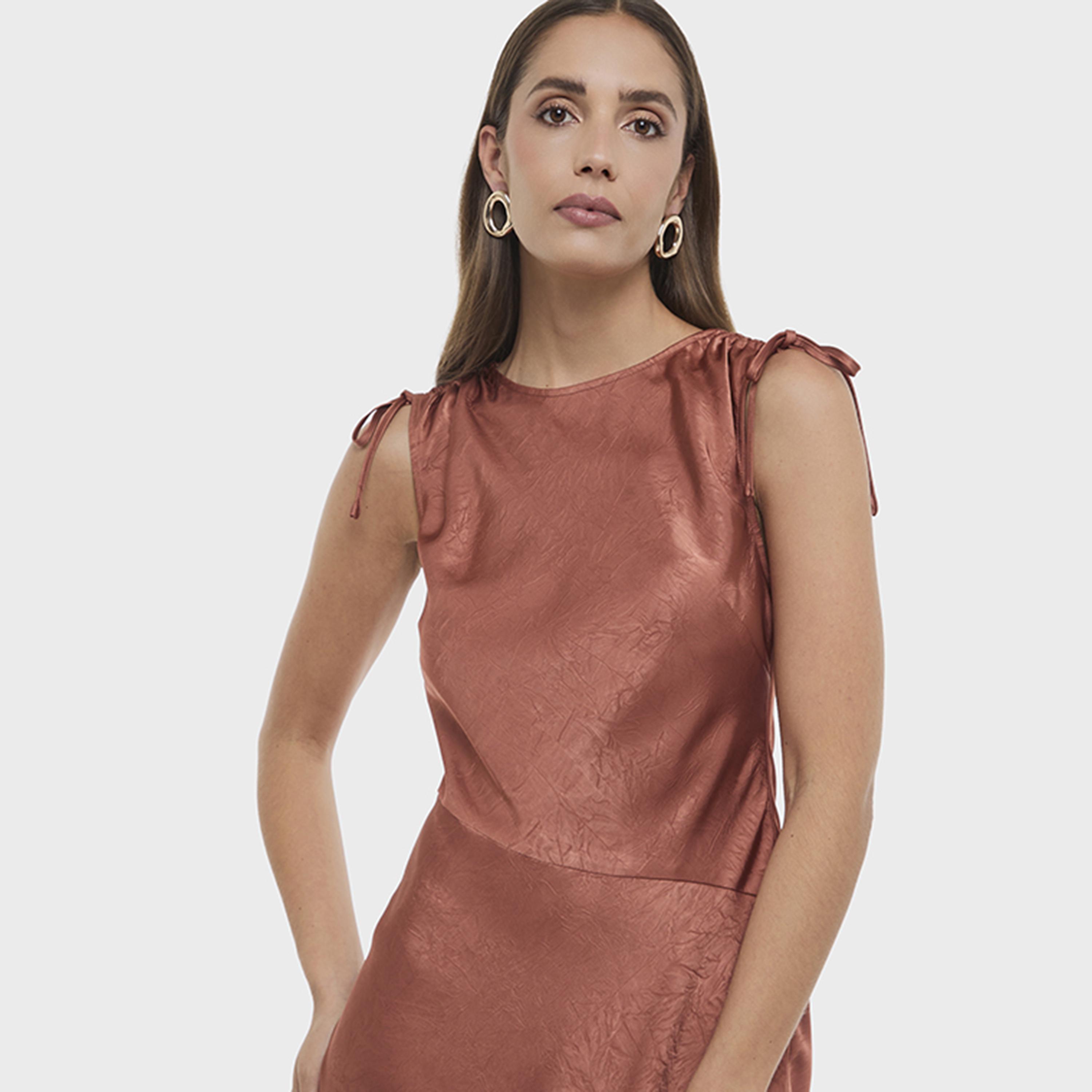 BCBG Rust Satin Sheen Tie Shoulder Asymmetric Women's Midi Dress-women-clothing-dresses-image-4