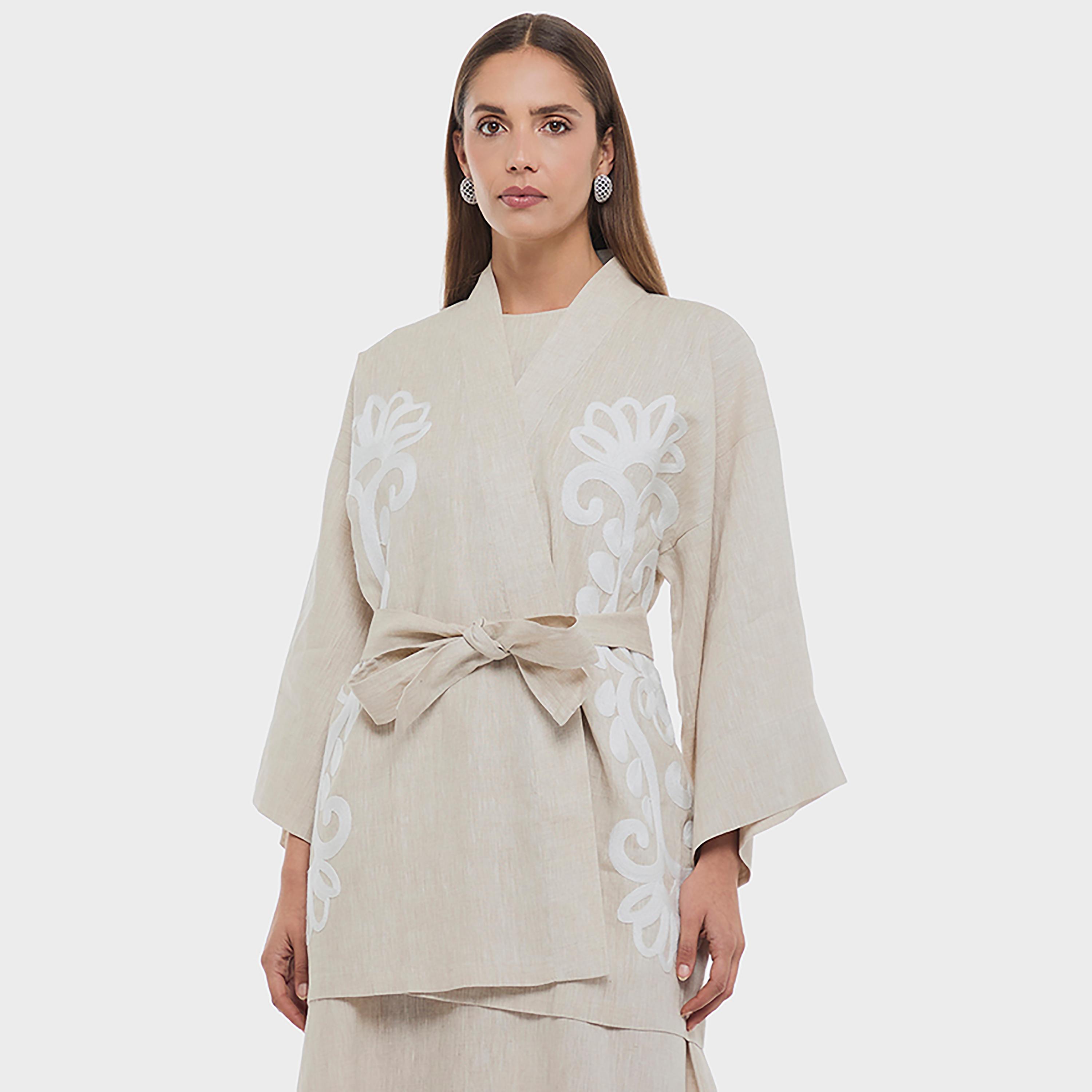 BCBG Beige Embroidered Linen Shawl Collar Wide Sleeves Women's Kimono Shrug-women-winterwear-coatsandjackets-jackets-image-1