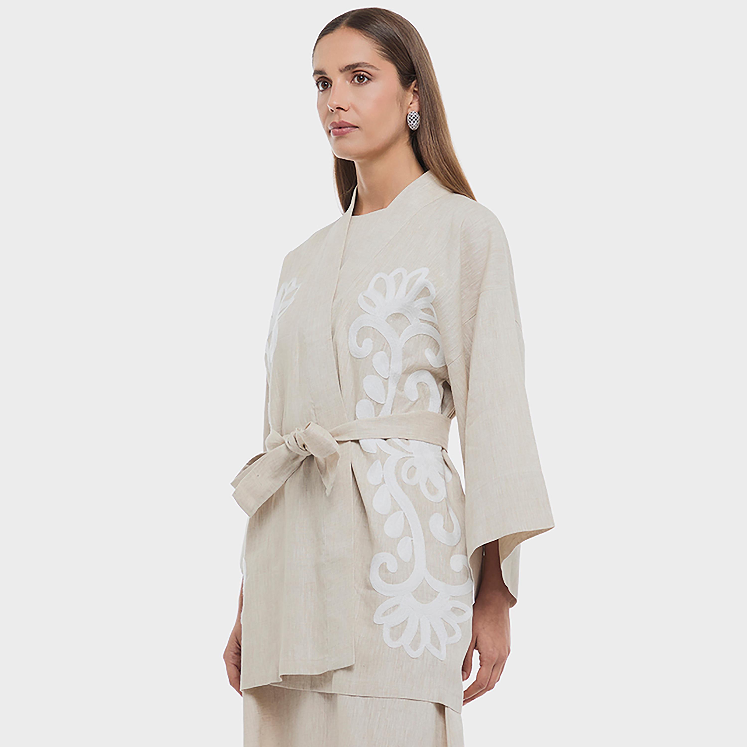 BCBG Beige Embroidered Linen Shawl Collar Wide Sleeves Women's Kimono Shrug-women-winterwear-coatsandjackets-jackets-image-2