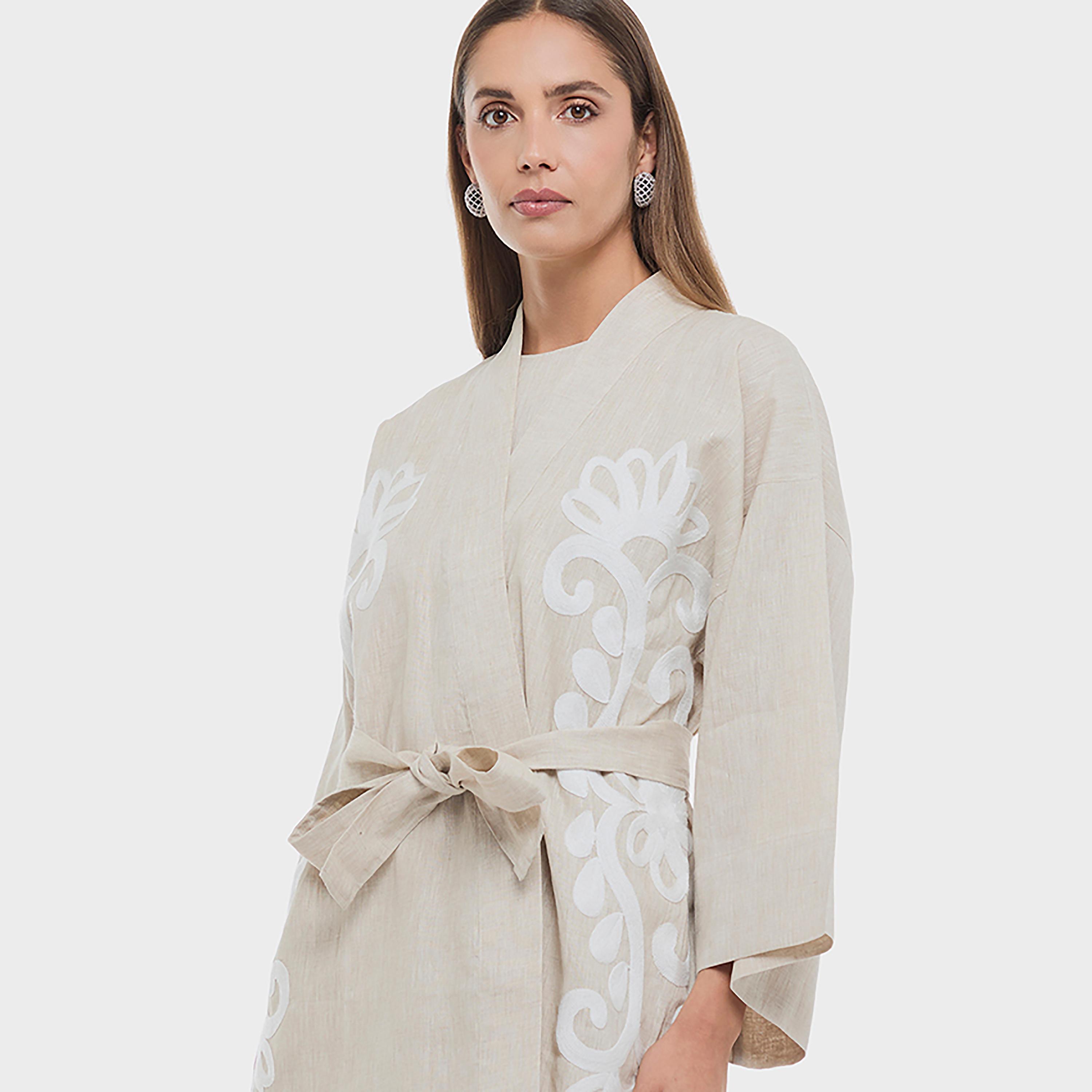 BCBG Beige Embroidered Linen Shawl Collar Wide Sleeves Women's Kimono Shrug-women-winterwear-coatsandjackets-jackets-image-3