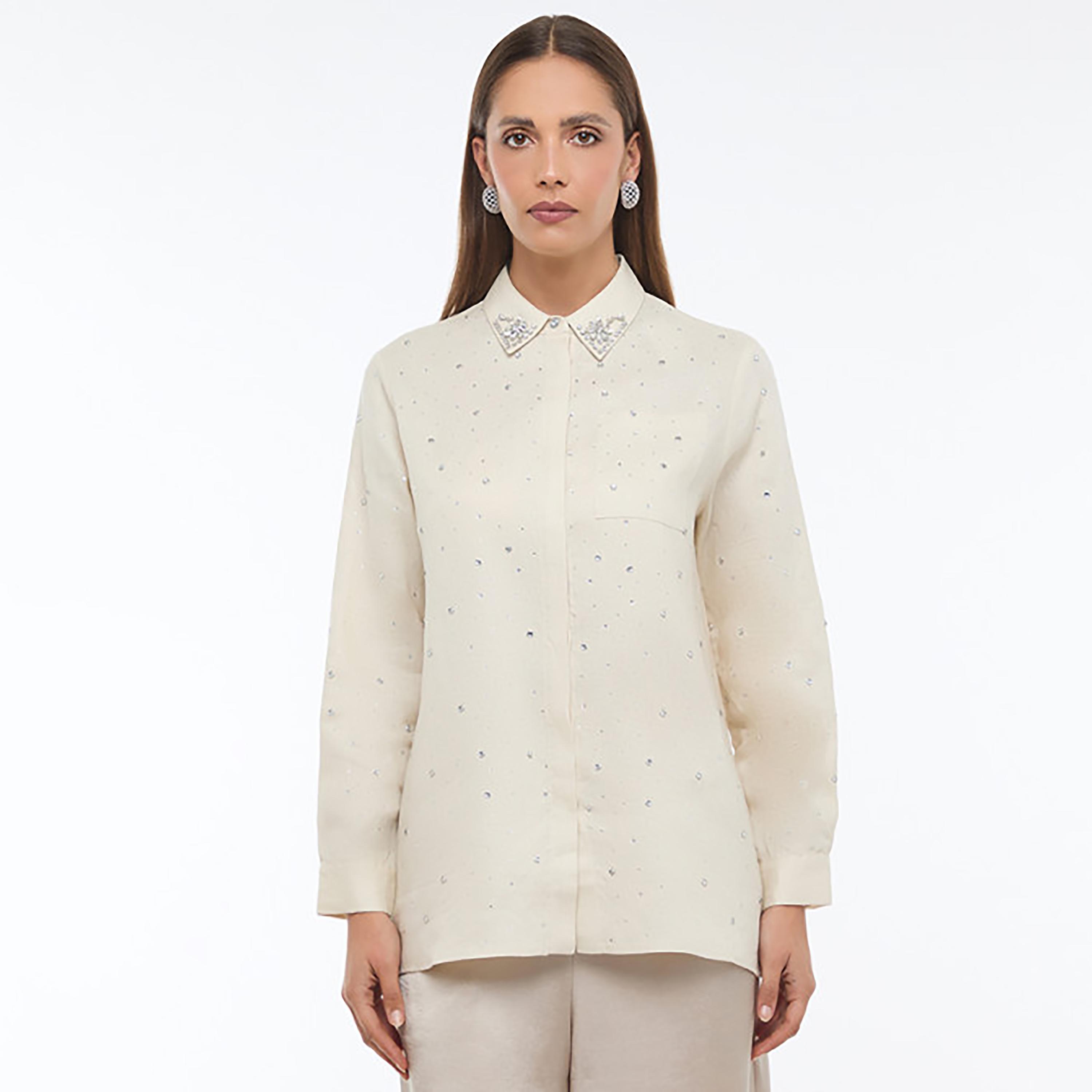 BCBG Beige Embellished Women's Oversized Shirt-women-clothing-shirtsandblouses-shirts-image-1