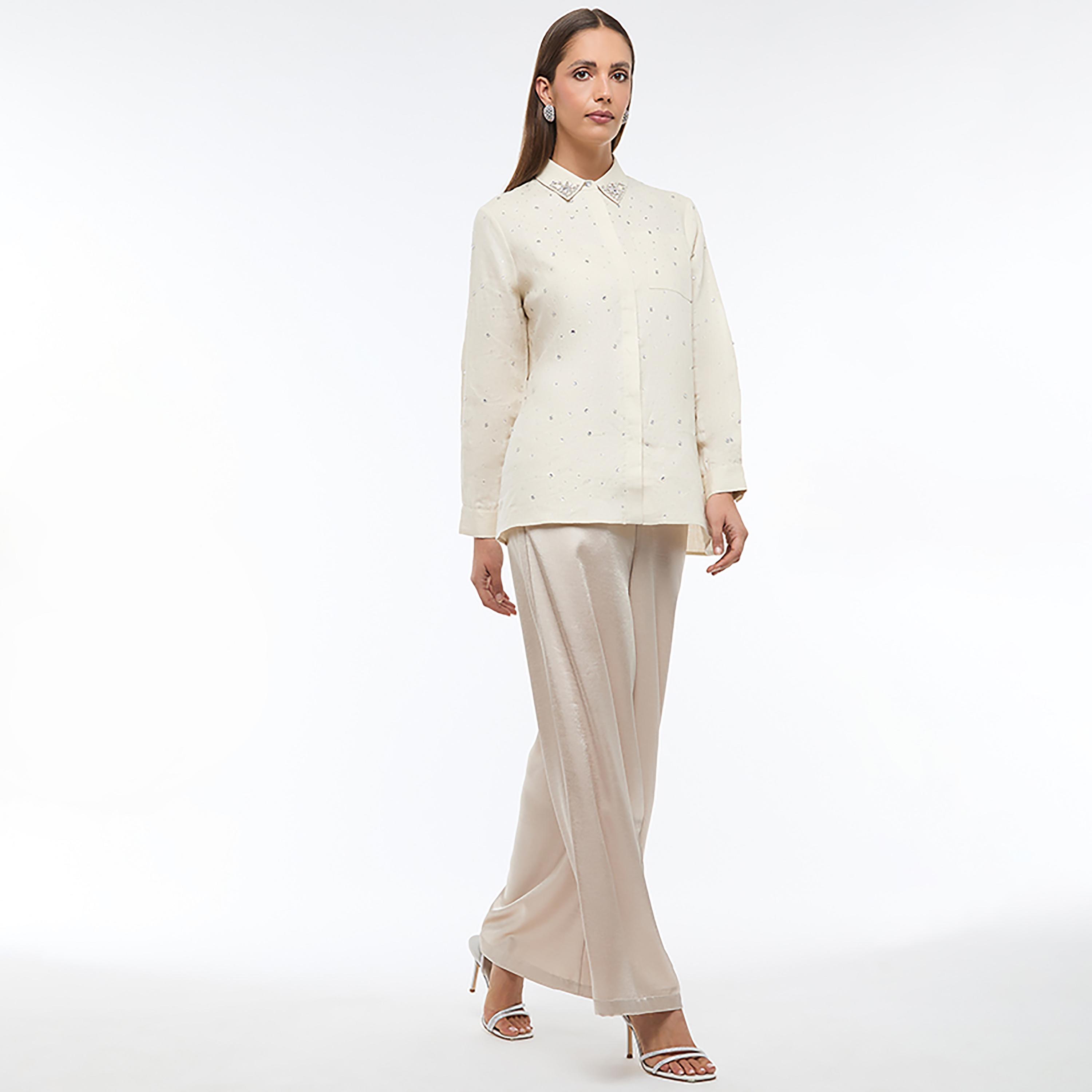 BCBG Beige Embellished Women's Oversized Shirt-women-clothing-shirtsandblouses-shirts-image-2