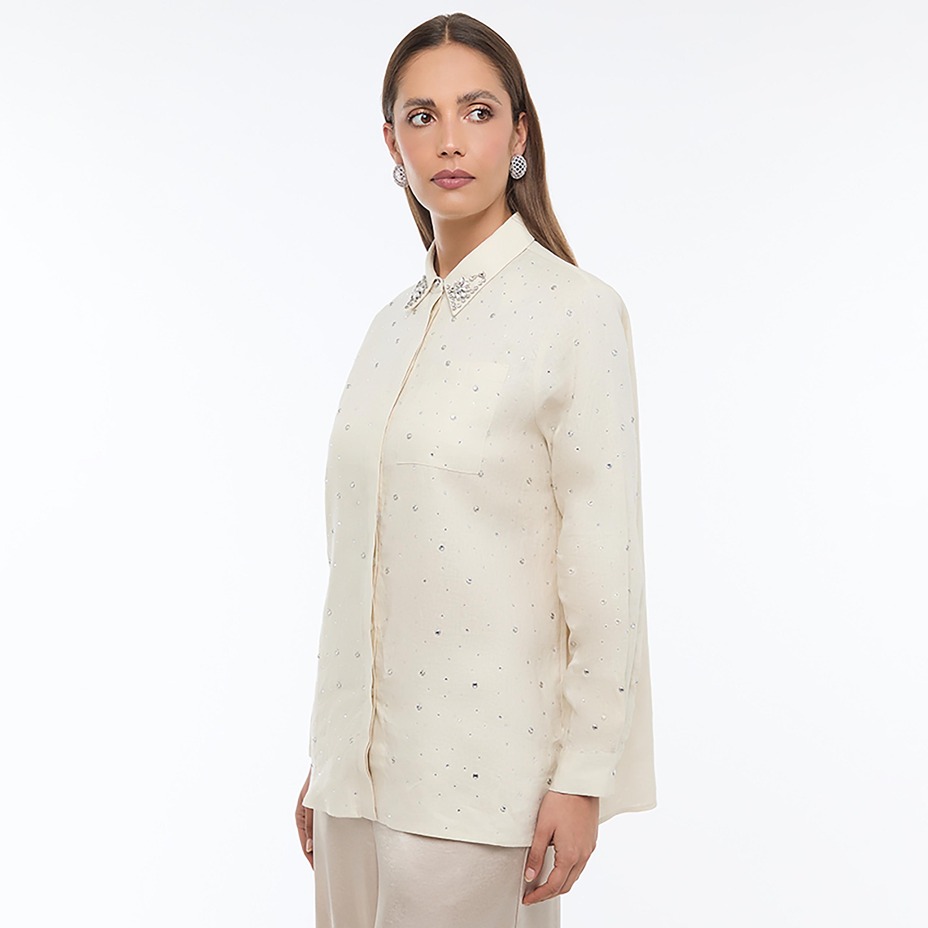 BCBG Beige Embellished Women's Oversized Shirt-women-clothing-shirtsandblouses-shirts-image-5