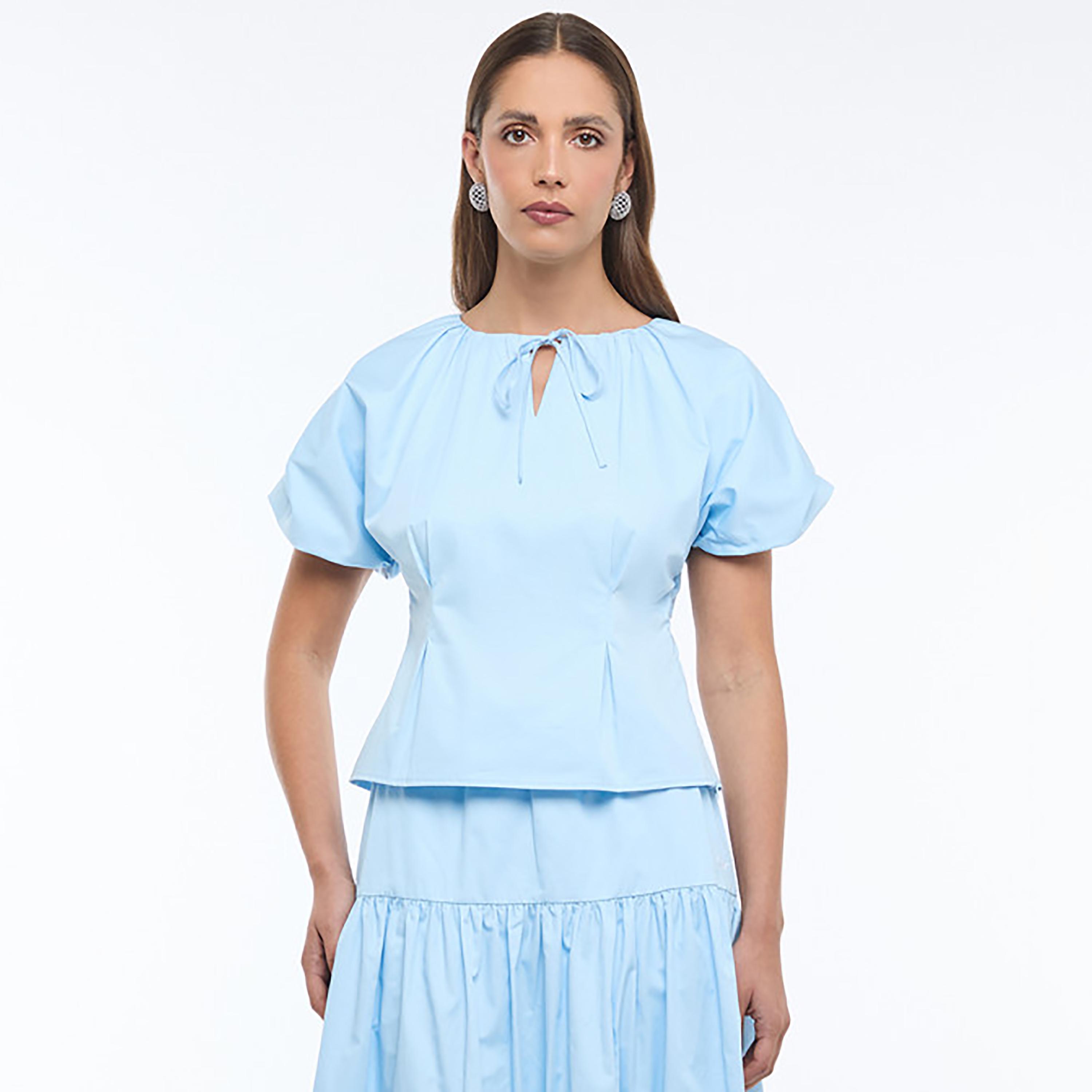 BCBG Sky Blue Keyhole Neck Puff Sleeves Women's Top-women-clothing-shirtsandblouses-blouses-image-1